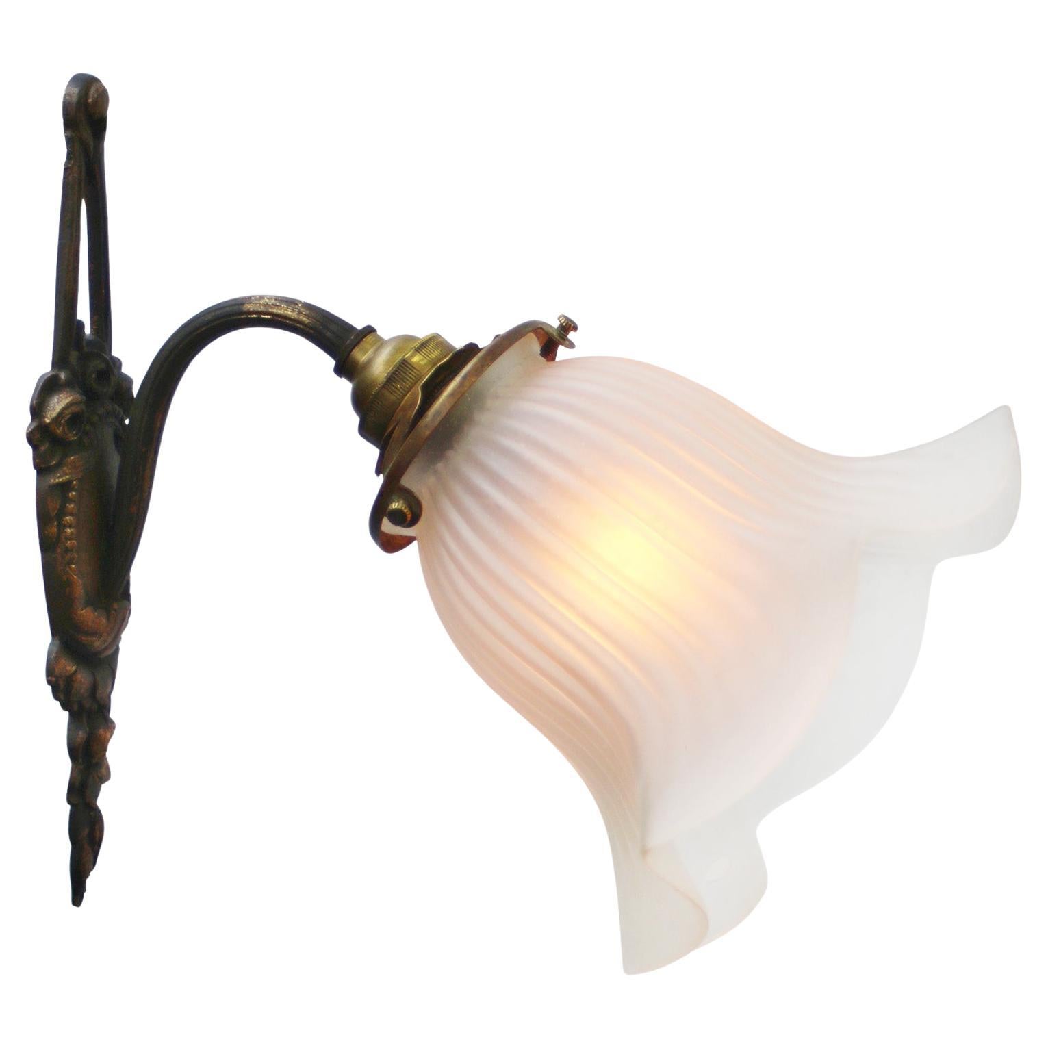 French Art Nouveau Brass, Frosted Glass Sconce Wall Lamp