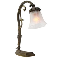 French Art Nouveau Brass & Frosted Glass Table Desk Light
