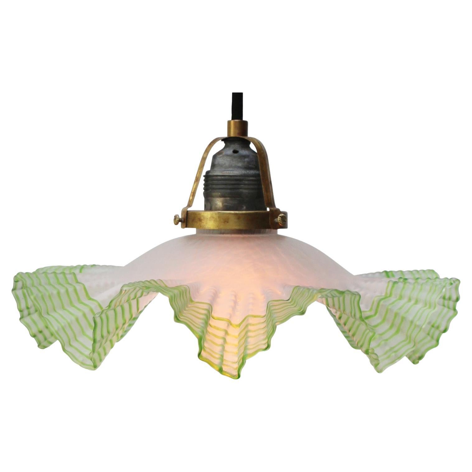 French Art Nouveau Brass Green Satin Glass Pendant Light 1920s