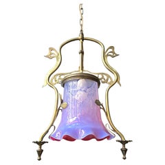French Art Nouveau Brass Hanging Lantern with Opalescent Glass, circa 1900