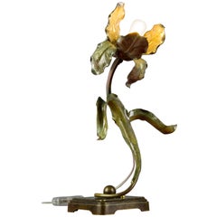 French Art Nouveau Brass Iris Flower Table Lamp, 1930s