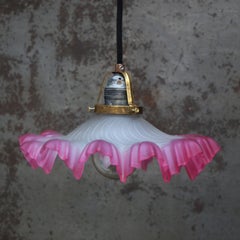 French Art Nouveau Brass Pink Satin Glass Pendant Light 1920s