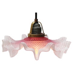 French Art Nouveau Brass Pink Satin Glass Pendant Light 1920s
