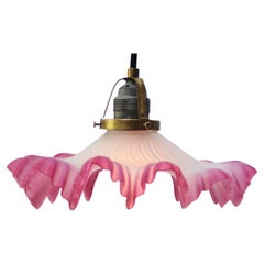 French Art Nouveau Brass Pink Satin Glass Pendant Light 1920s