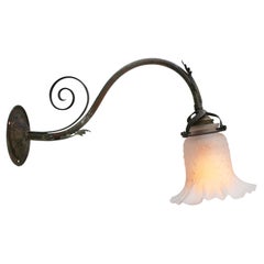 French Art Nouveau Brass, Satin Glass Sconce Wall Lamp
