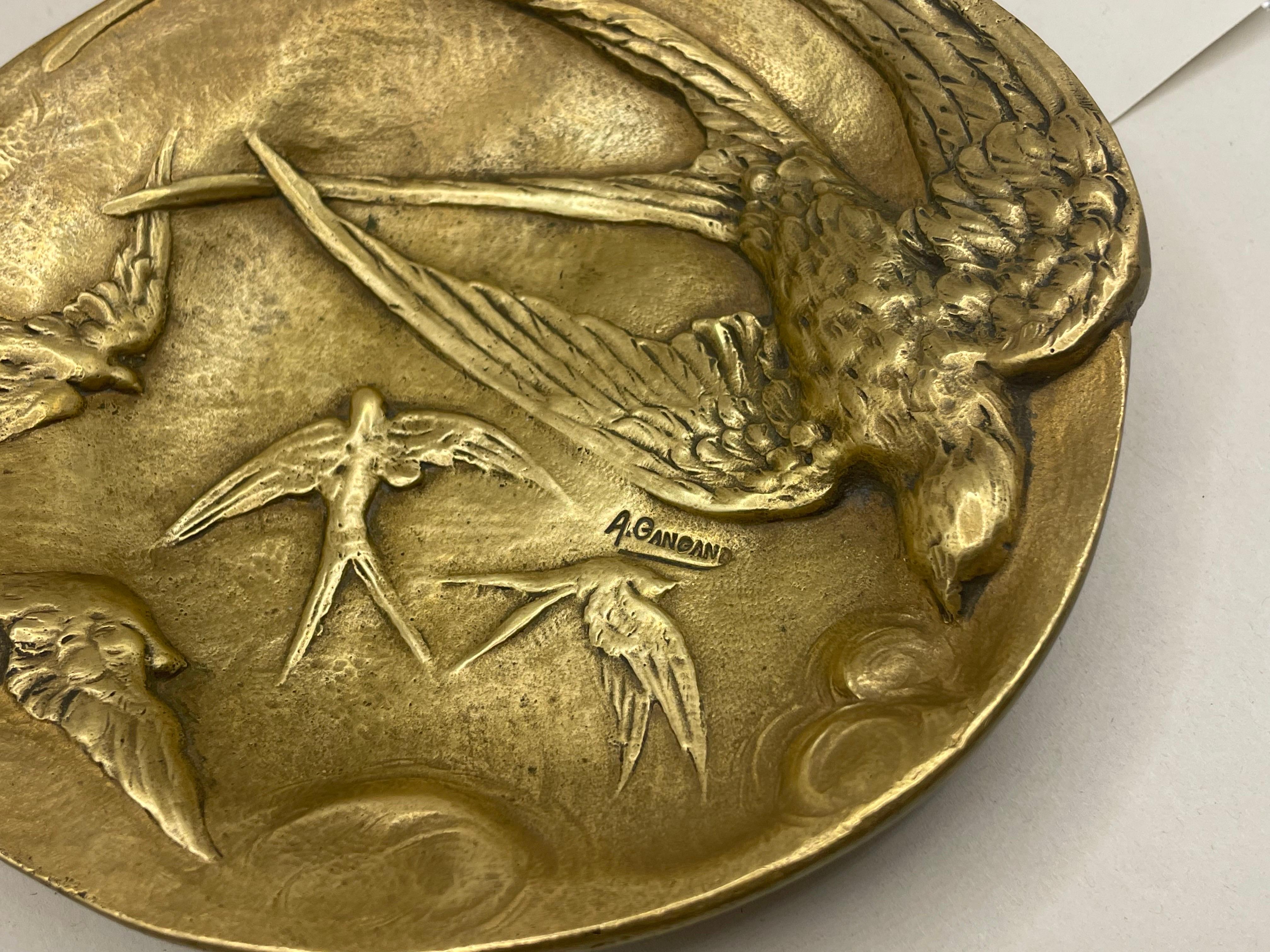 French Art Nouveau Brass “Swallows” coin tray 1920’s by artist Gangand ...