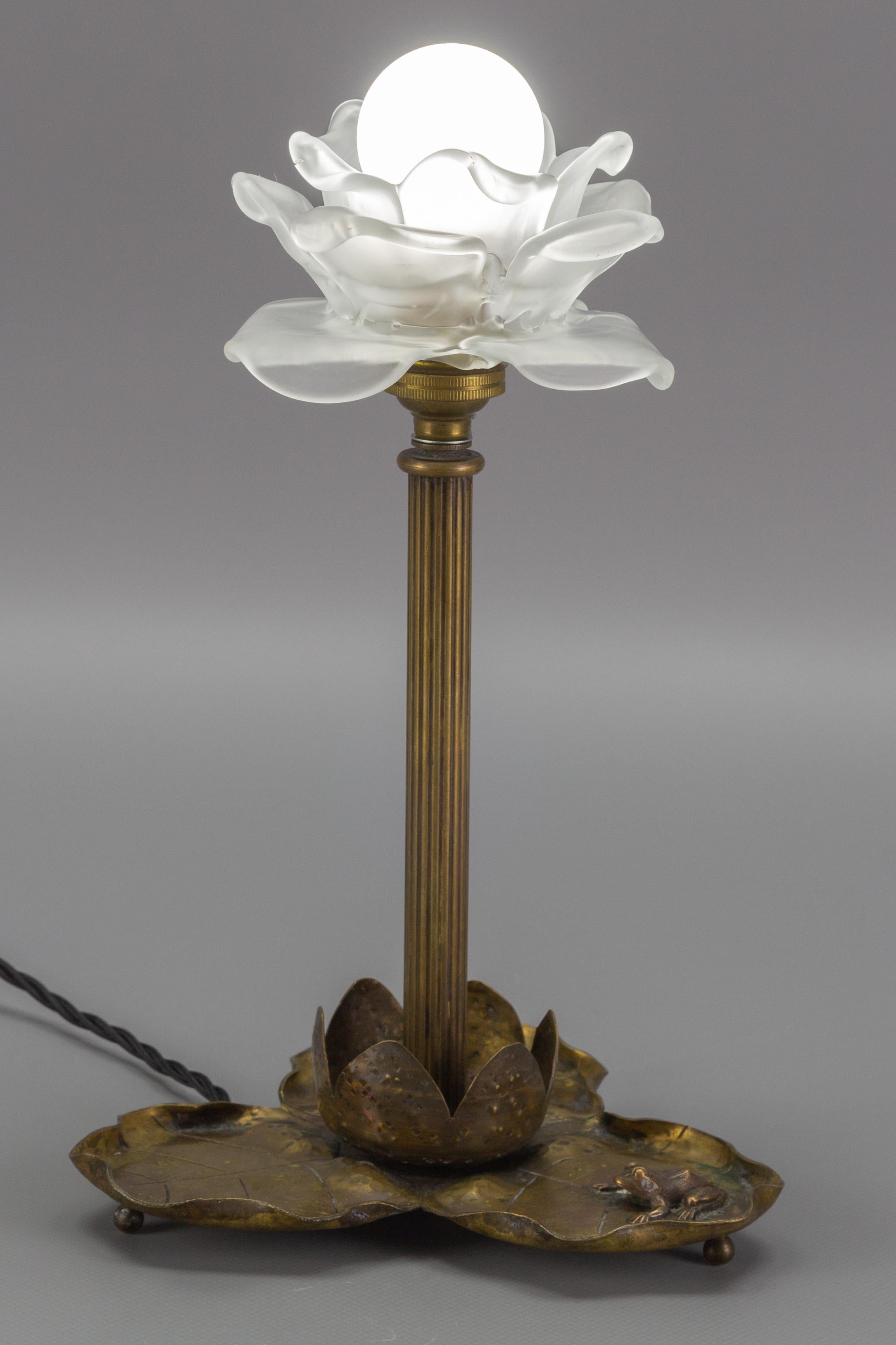 Frosted French Art Nouveau Brass Table Lamp with Frog, 1930s For Sale