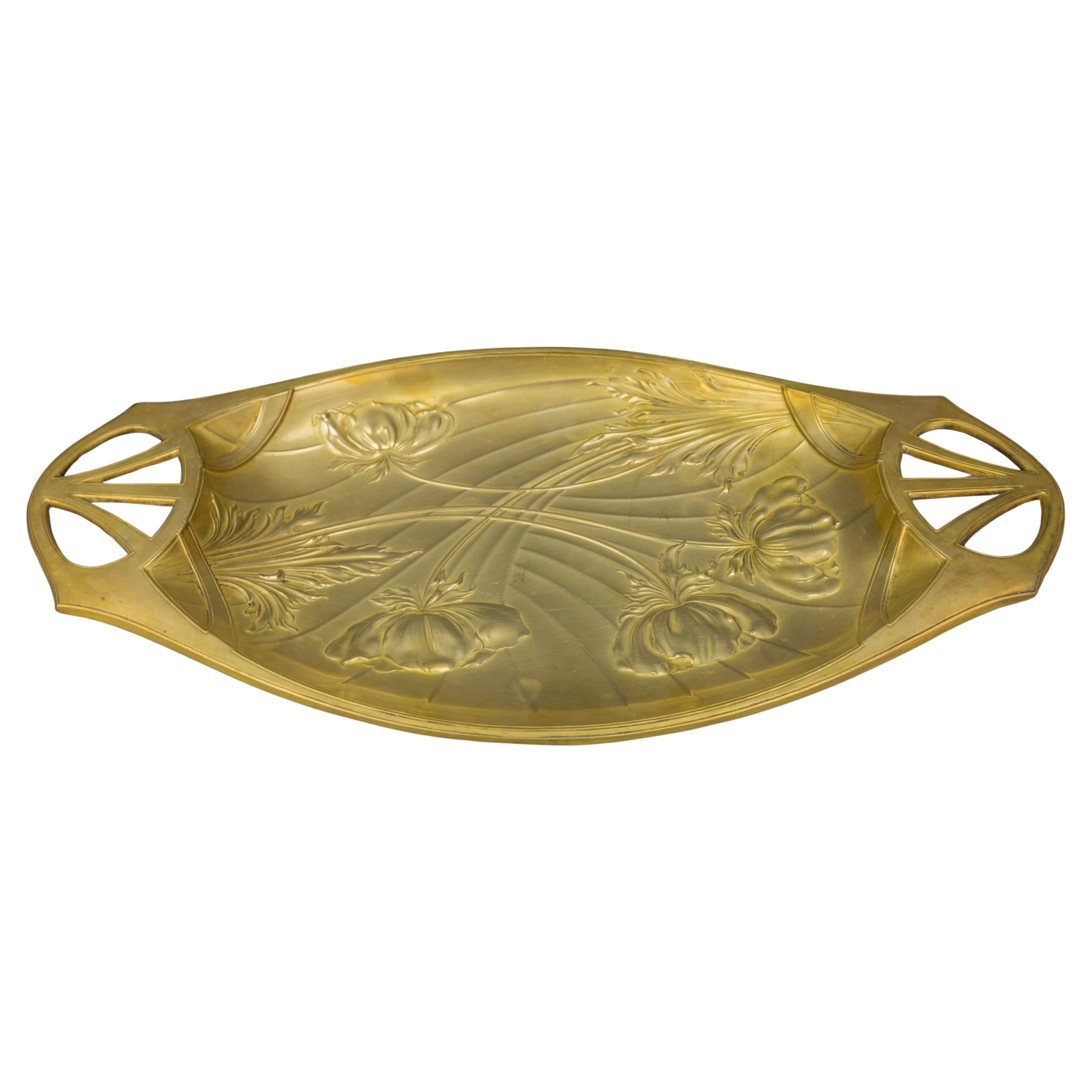 French Art Nouveau Brass Tray with Floral Relief, circa 1920