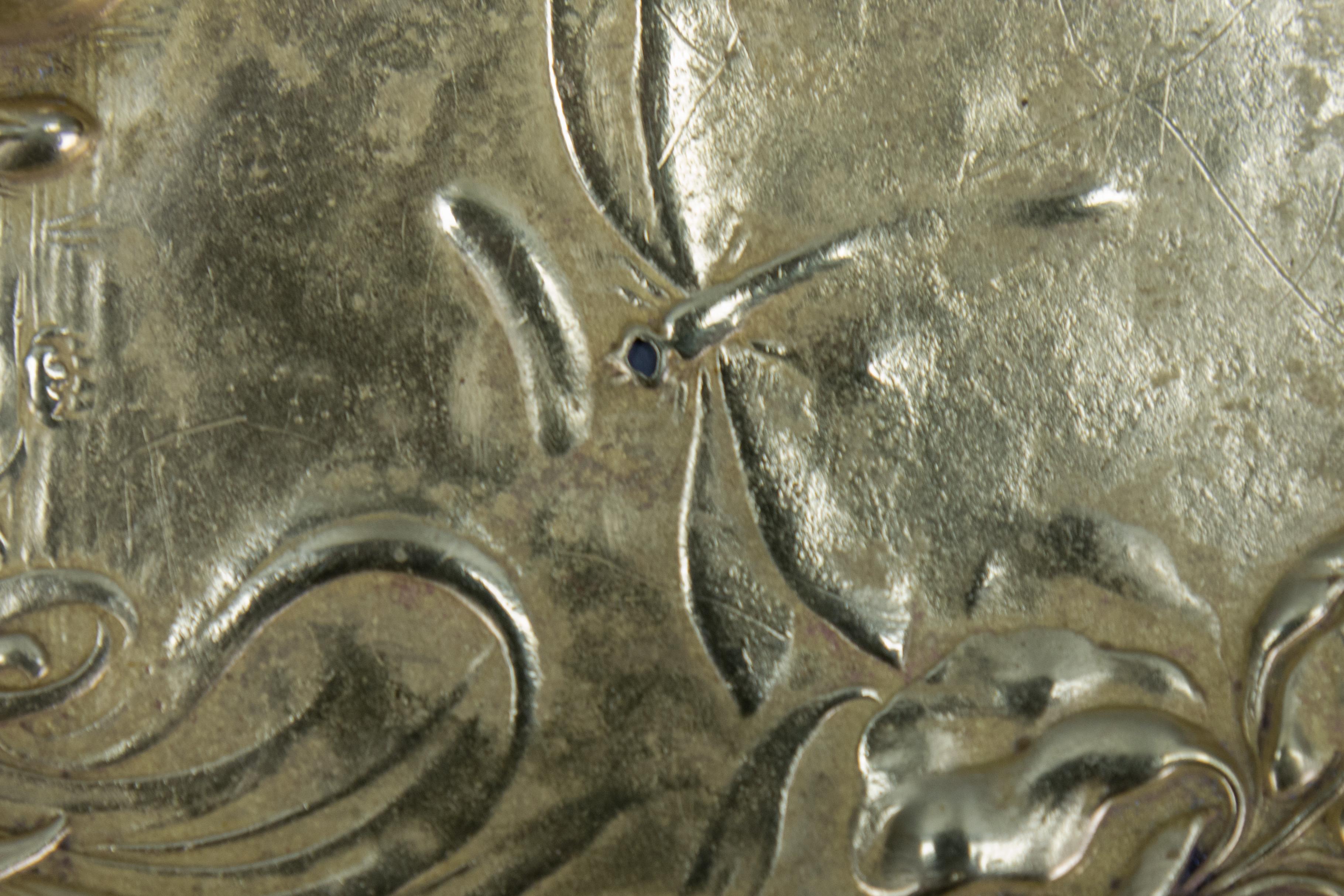 French Art Nouveau Brass Vide - Poche or Pin Tray with Dragonfly and Flowers For Sale 11
