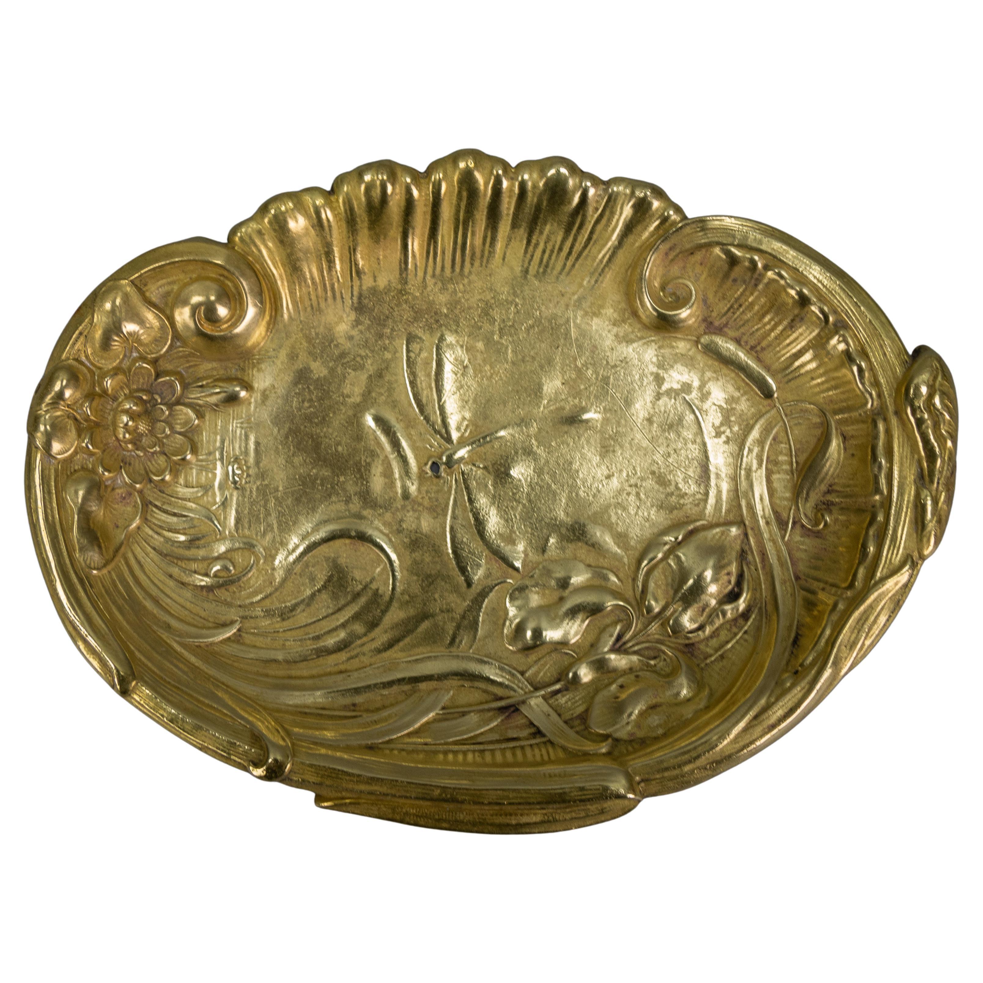 French Art Nouveau Brass Vide - Poche or Pin Tray with Dragonfly and Flowers For Sale