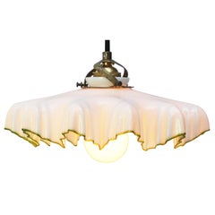 French Art Nouveau Brass White Opaline Glass Pendant Light 1920s