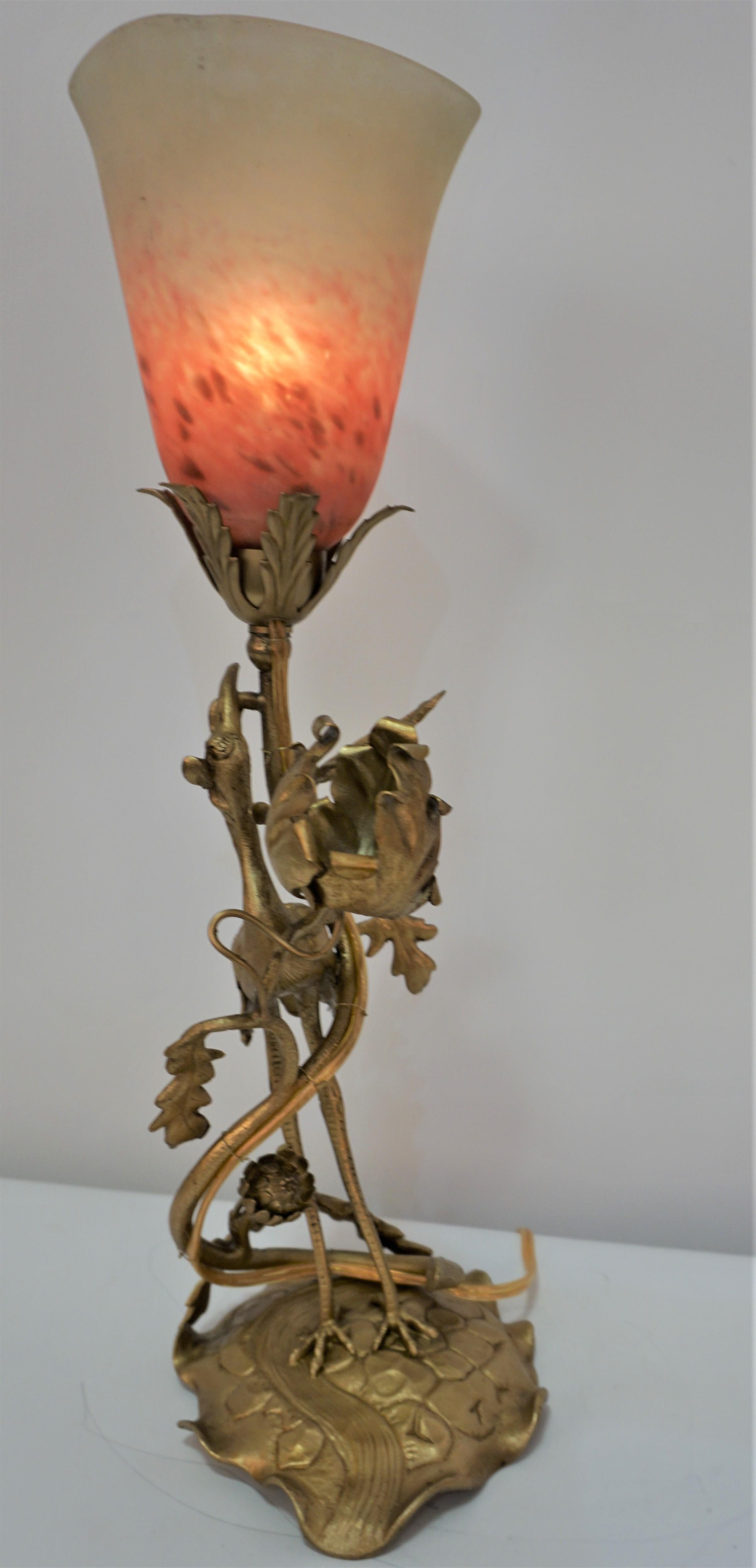 French Art Nouveau Bronze and Art Glass Table Lamp 1