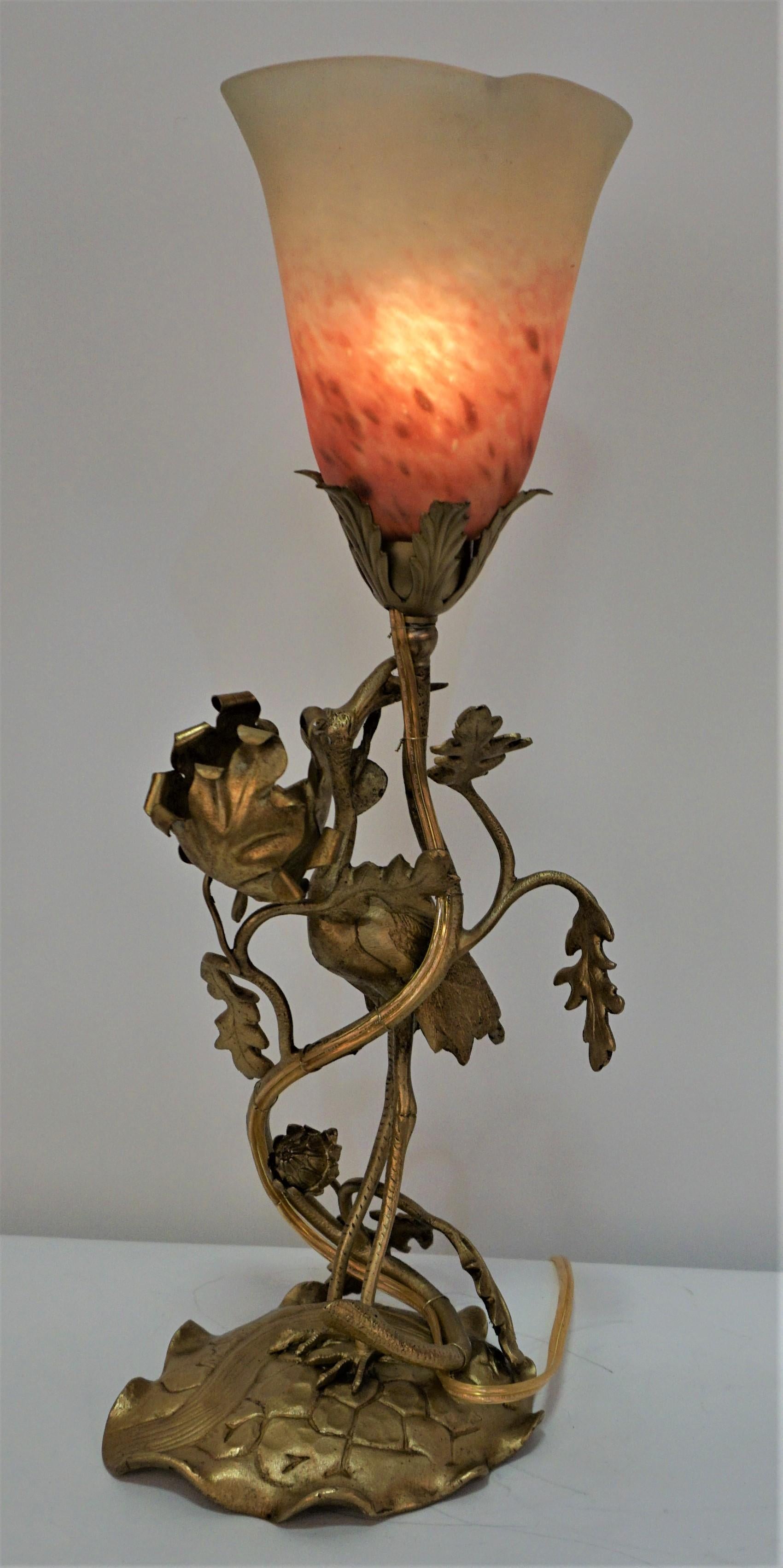 French Art Nouveau Bronze and Art Glass Table Lamp 2