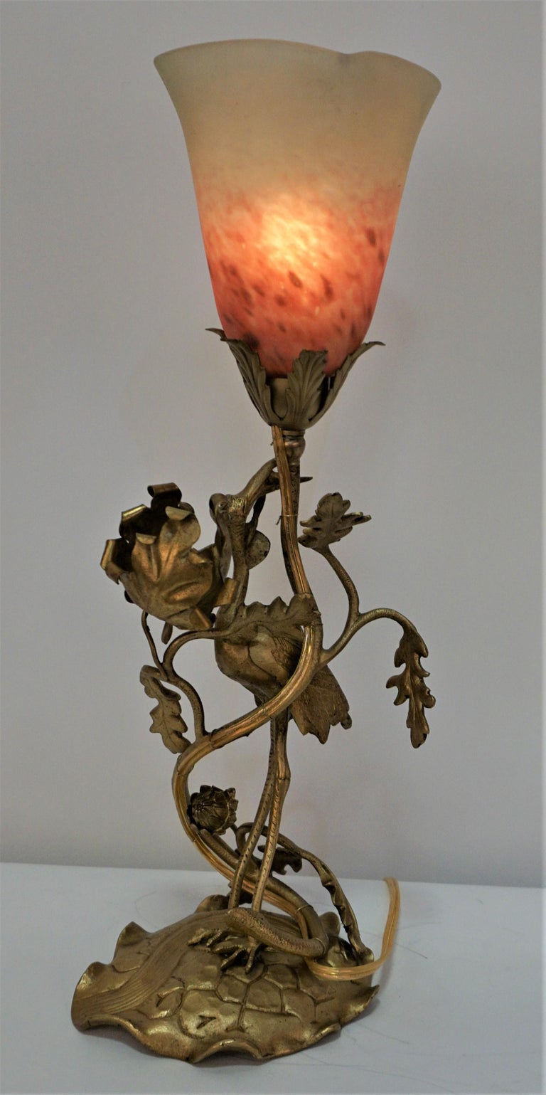French Art Nouveau Bronze and Art Glass Table Lamp For Sale 2