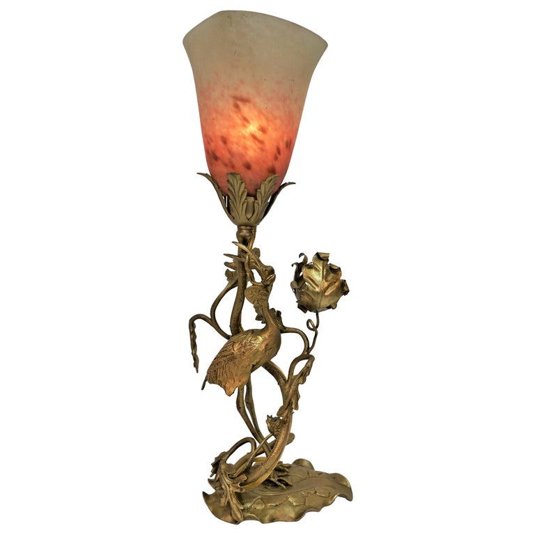 French Art Nouveau Bronze and Art Glass Table Lamp For Sale