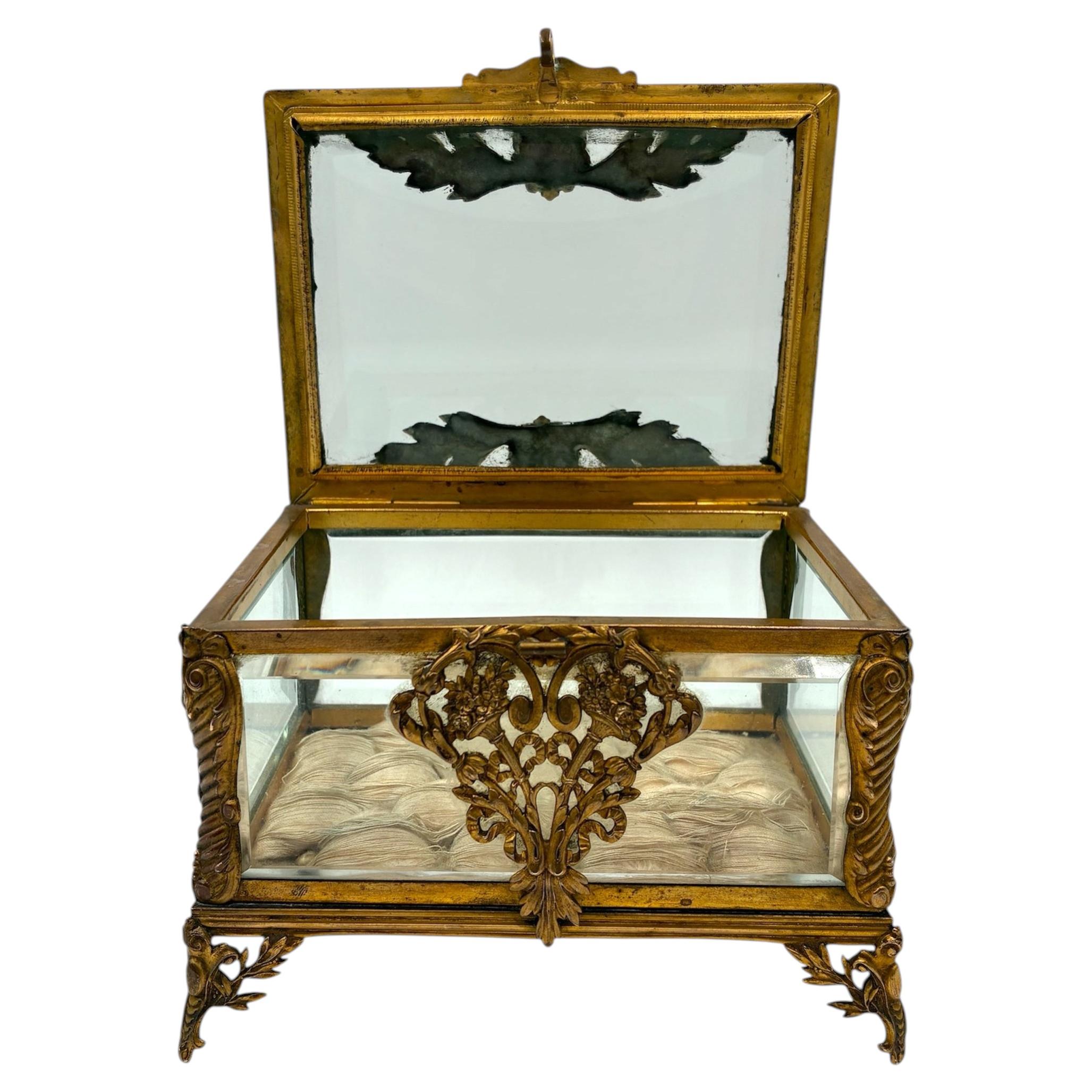 French Art Nouveau Bronze and Beveled Crystal Jewelry Casket Circa 1920