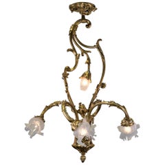French Art Nouveau Bronze and Blown Glass Chandelier