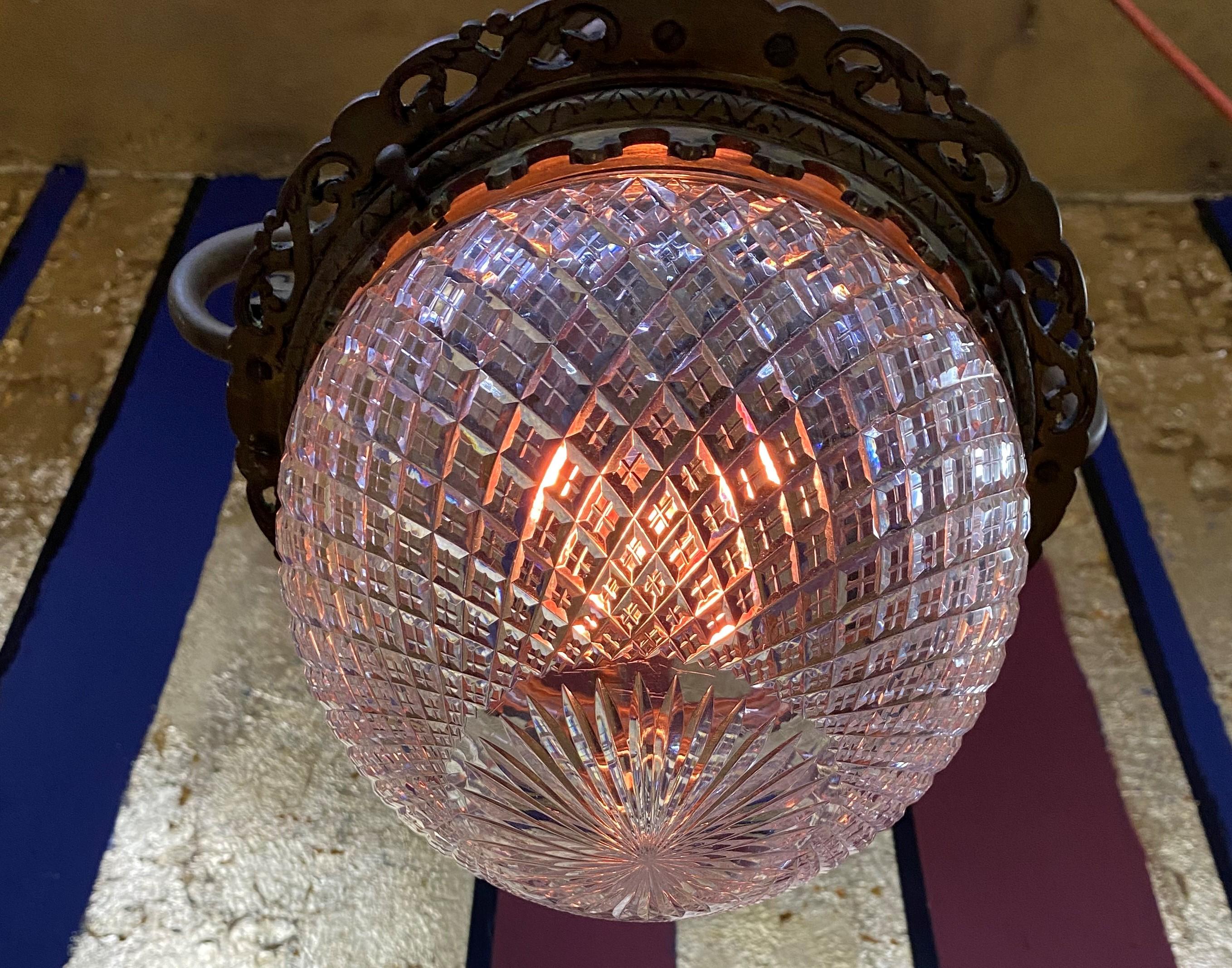 French Art Nouveau Bronze and Cut Crystal Flushmount / Pendant Light, circa 1920 6