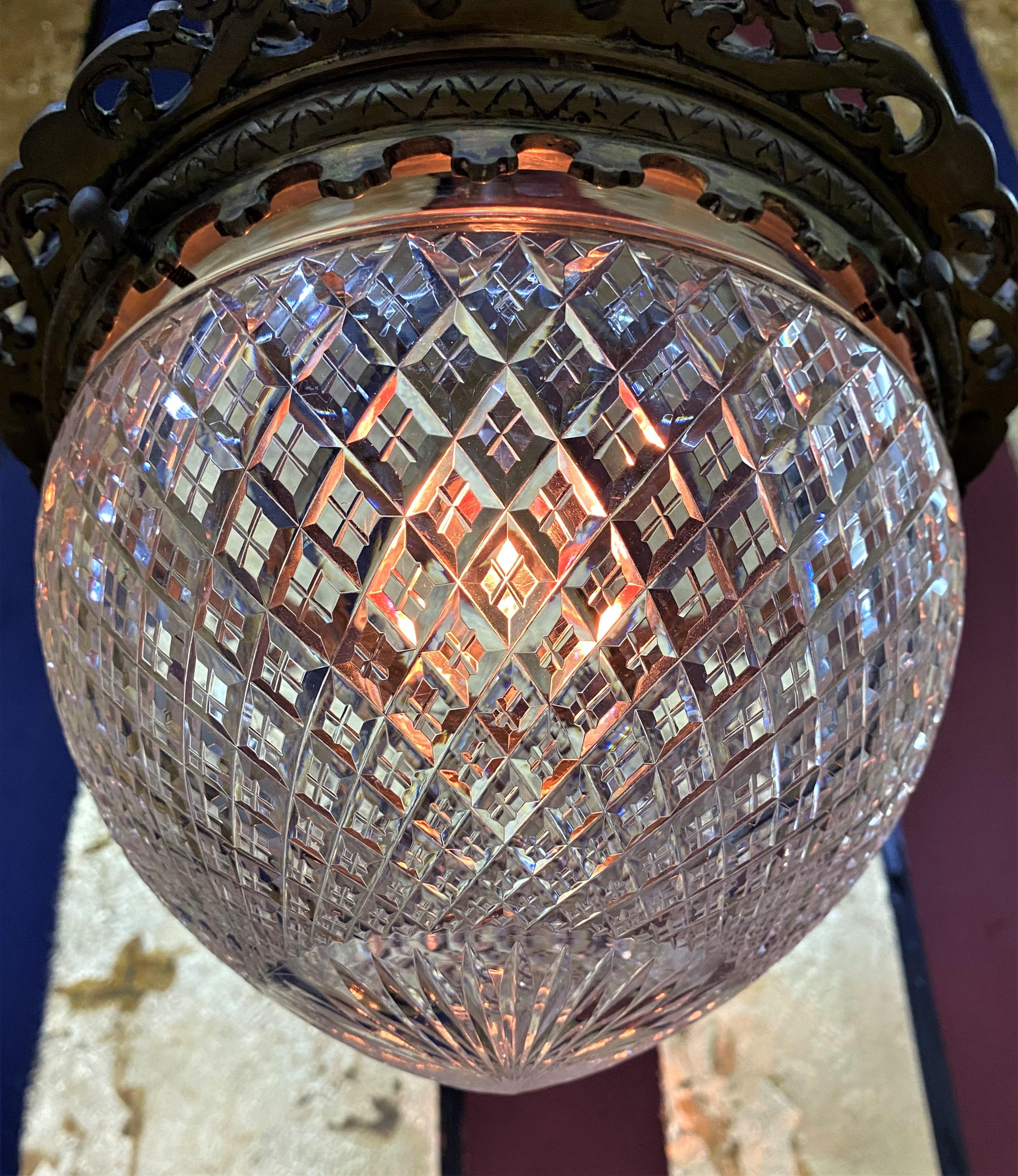 Early 20th Century French Art Nouveau Bronze and Cut Crystal Flushmount / Pendant Light, circa 1920