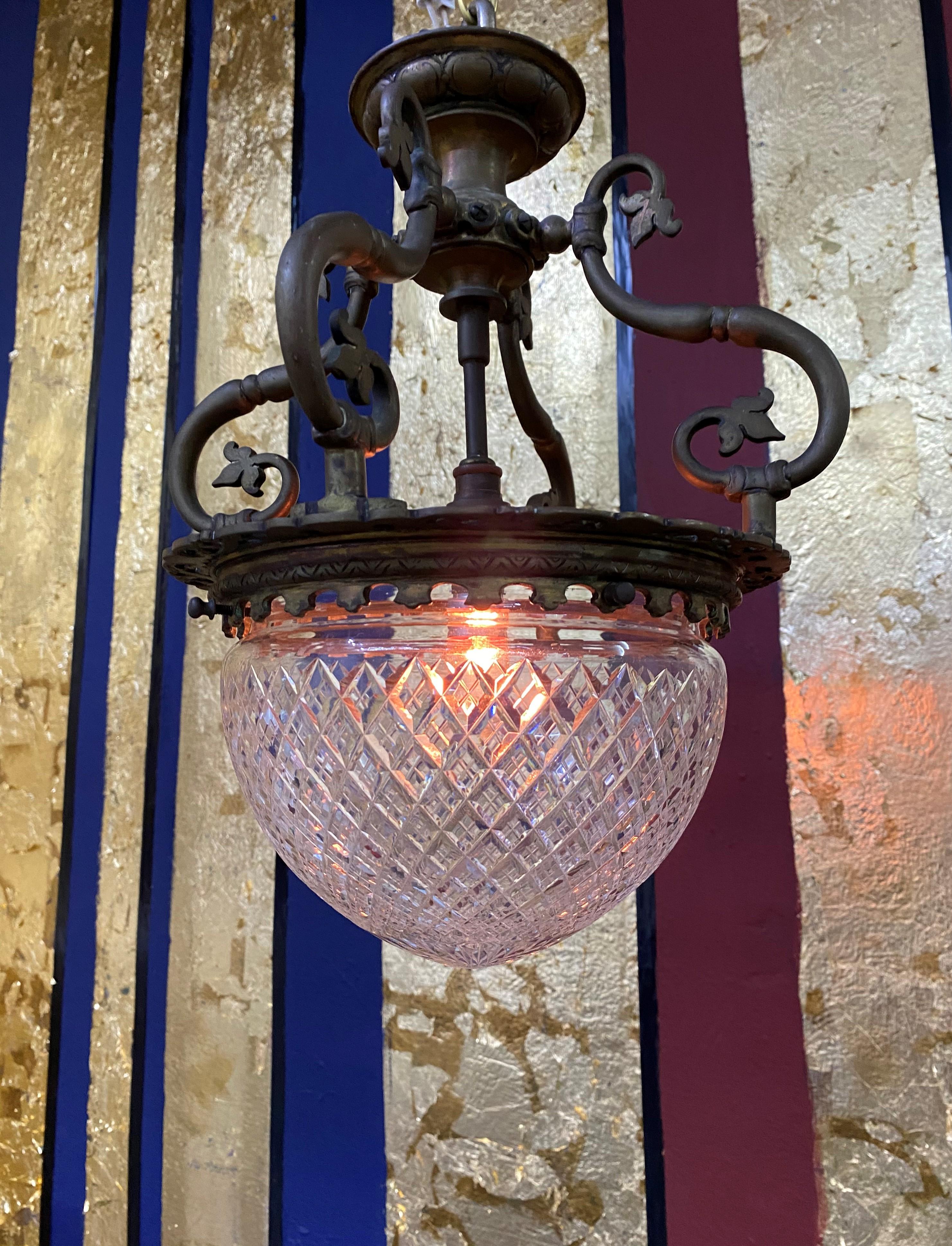 French Art Nouveau Bronze and Cut Crystal Flushmount / Pendant Light, circa 1920 5