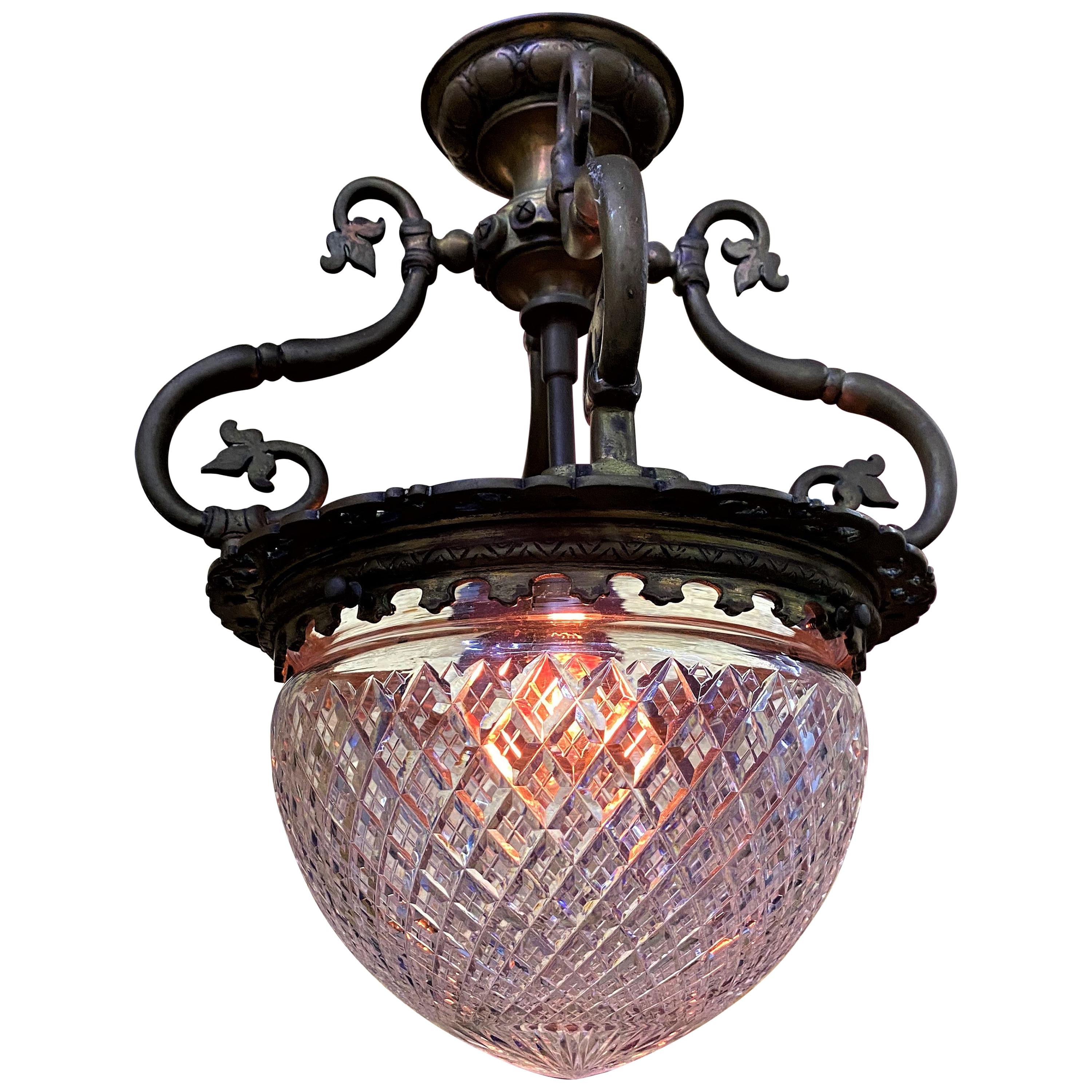 French Art Nouveau Bronze and Cut Crystal Flushmount / Pendant Light, circa 1920