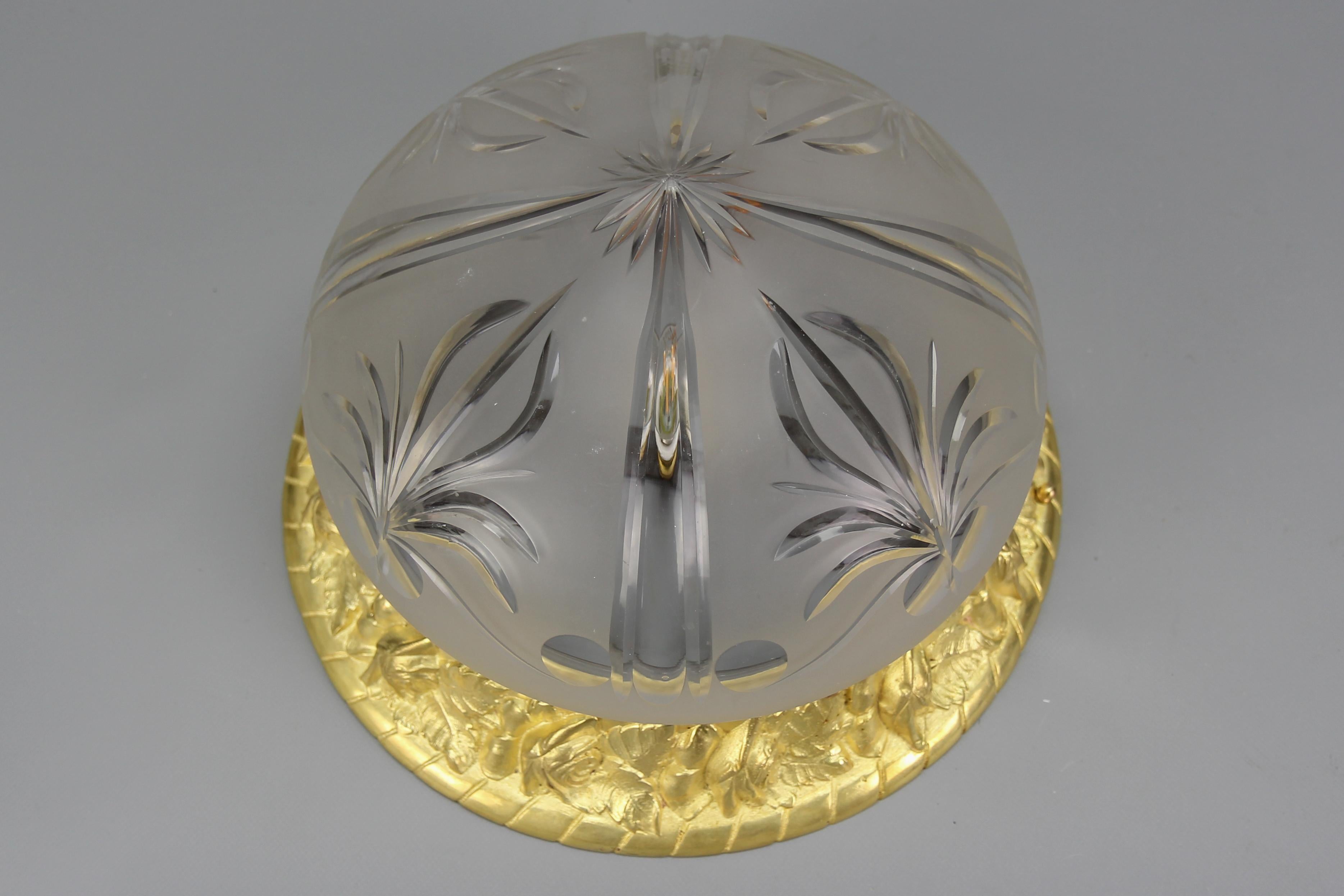 Frosted French Art Nouveau Bronze and Cut Glass Flush Mount, circa 1920 For Sale