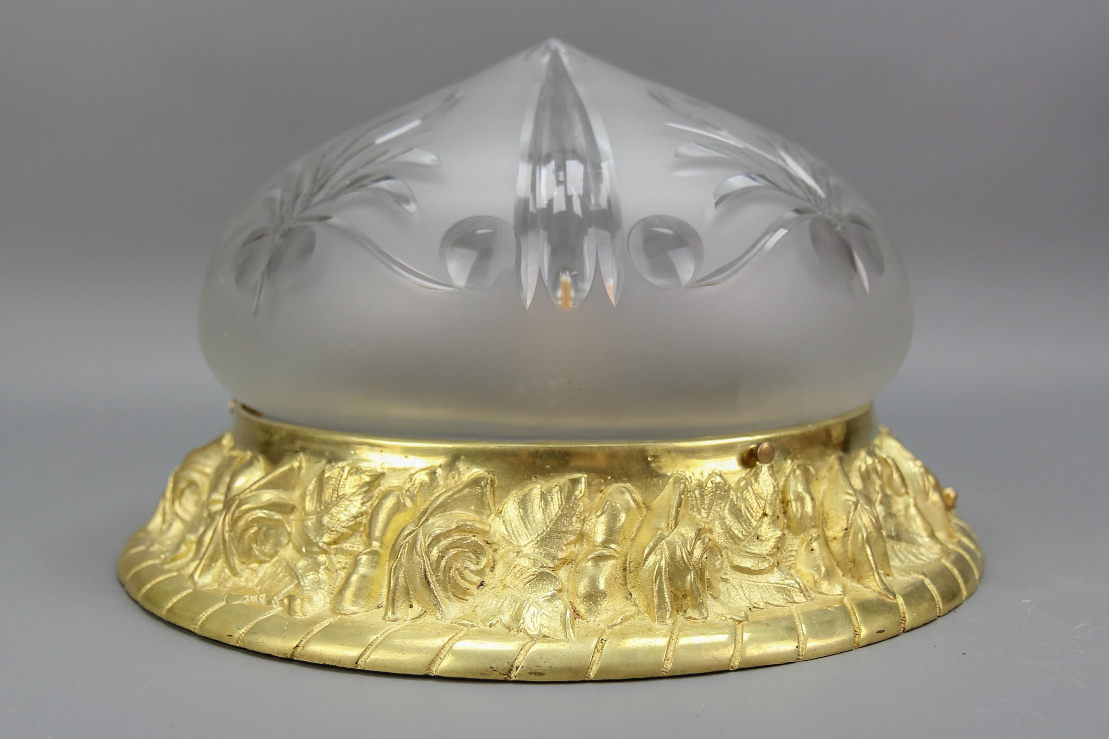 Early 20th Century French Art Nouveau Bronze and Cut Glass Flush Mount, circa 1920 For Sale