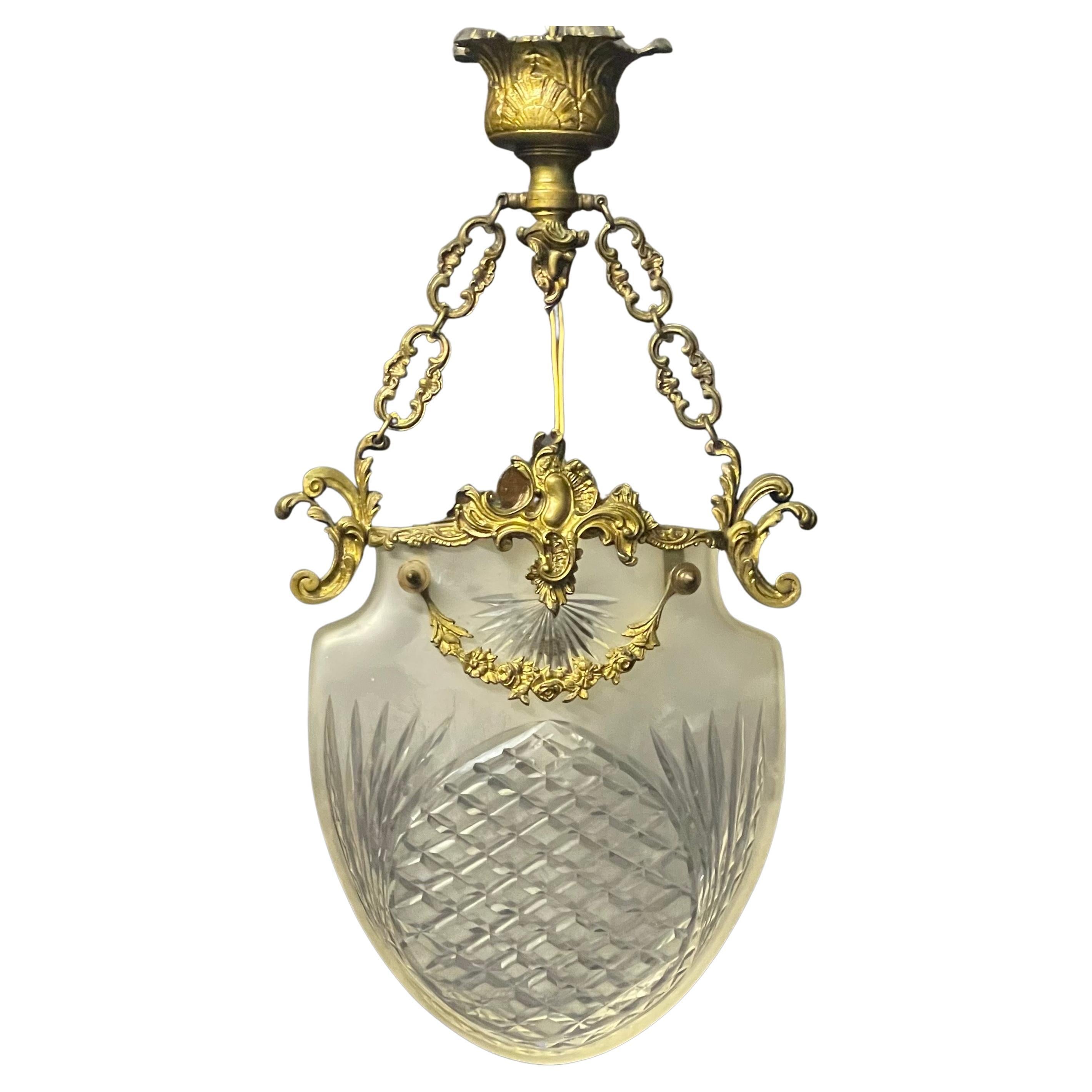 French Art Nouveau Bronze and Cut Glass Pendant, circa 1900s For Sale