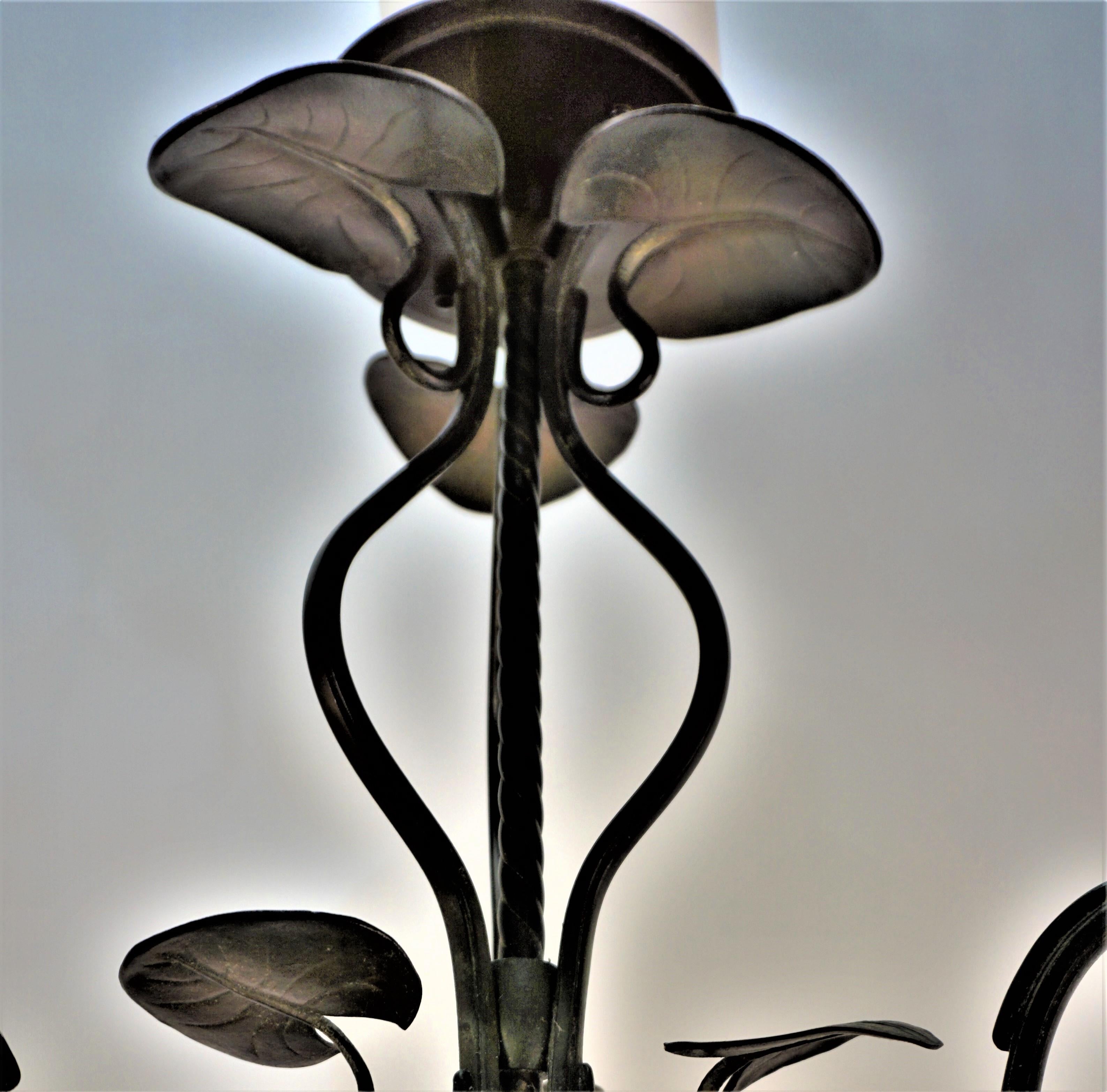 French Art Nouveau Bronze and Etched Glass Chandelier For Sale 1