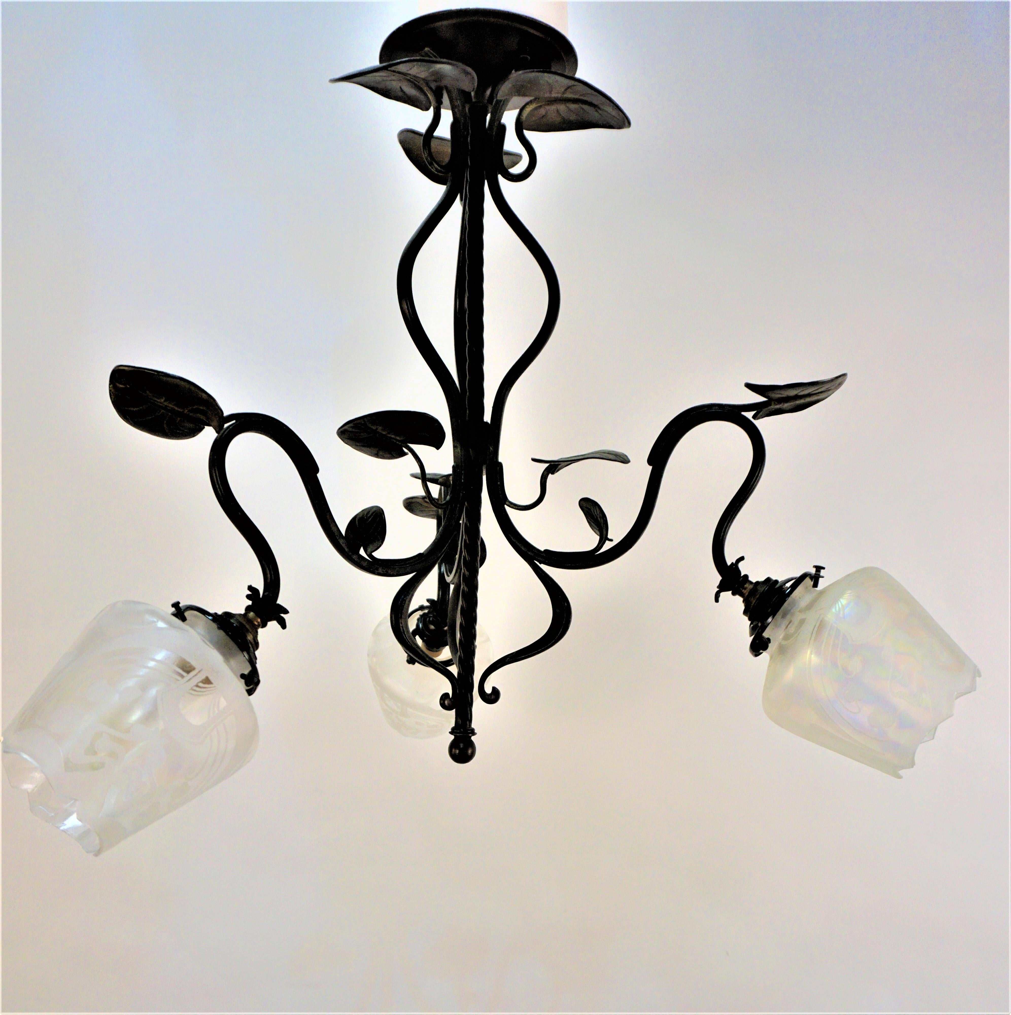 French Art Nouveau Bronze and Etched Glass Chandelier For Sale 2