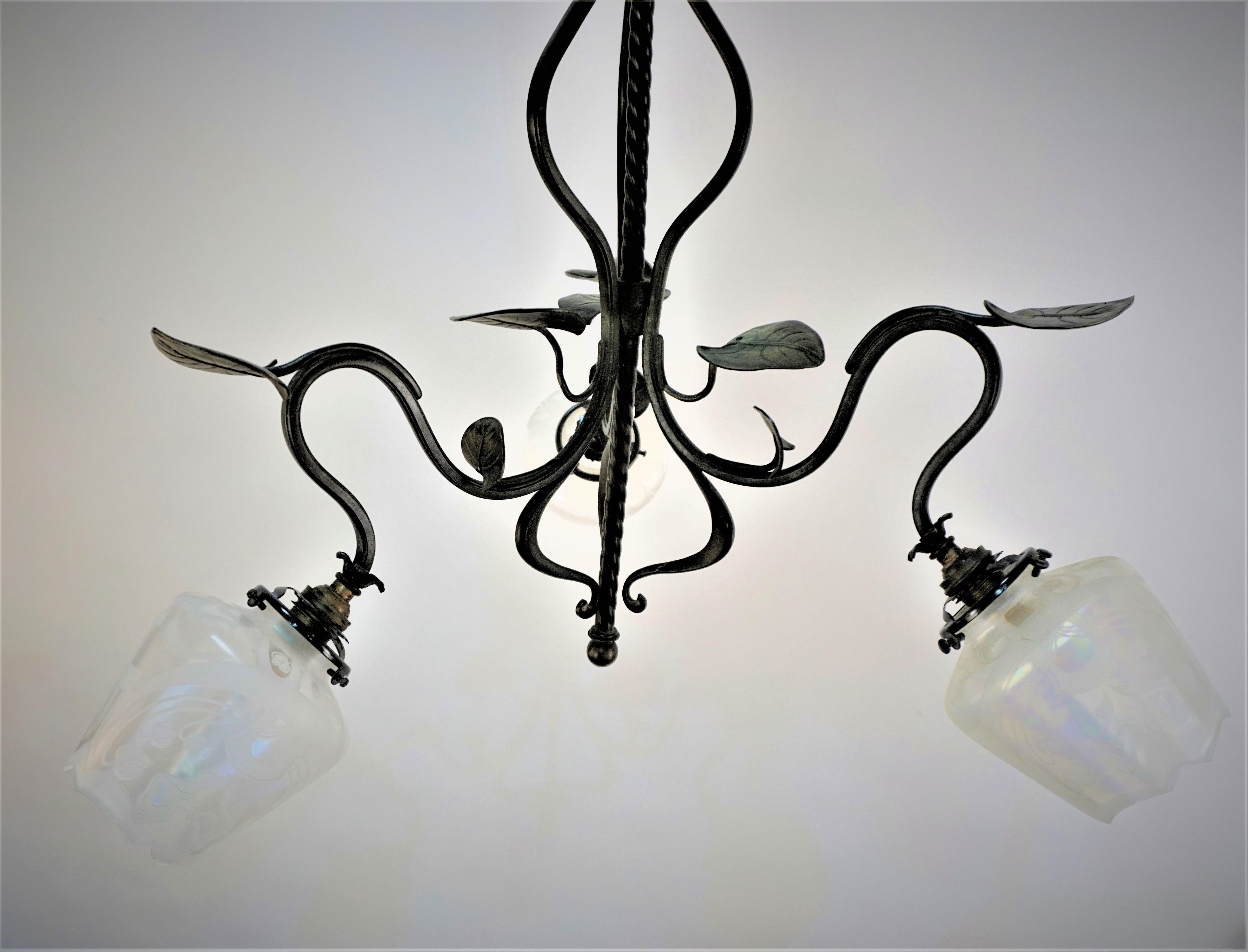 French Art Nouveau Bronze and Etched Glass Chandelier For Sale 3