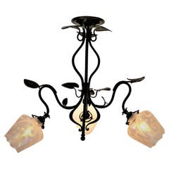 French Art Nouveau Bronze and Etched Glass Chandelier