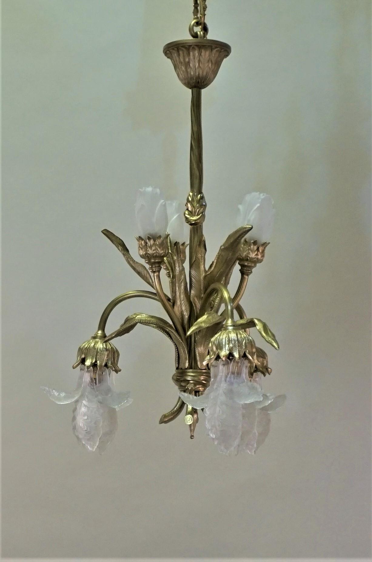 French Art Nouveau Bronze and Glass Chandelier 7