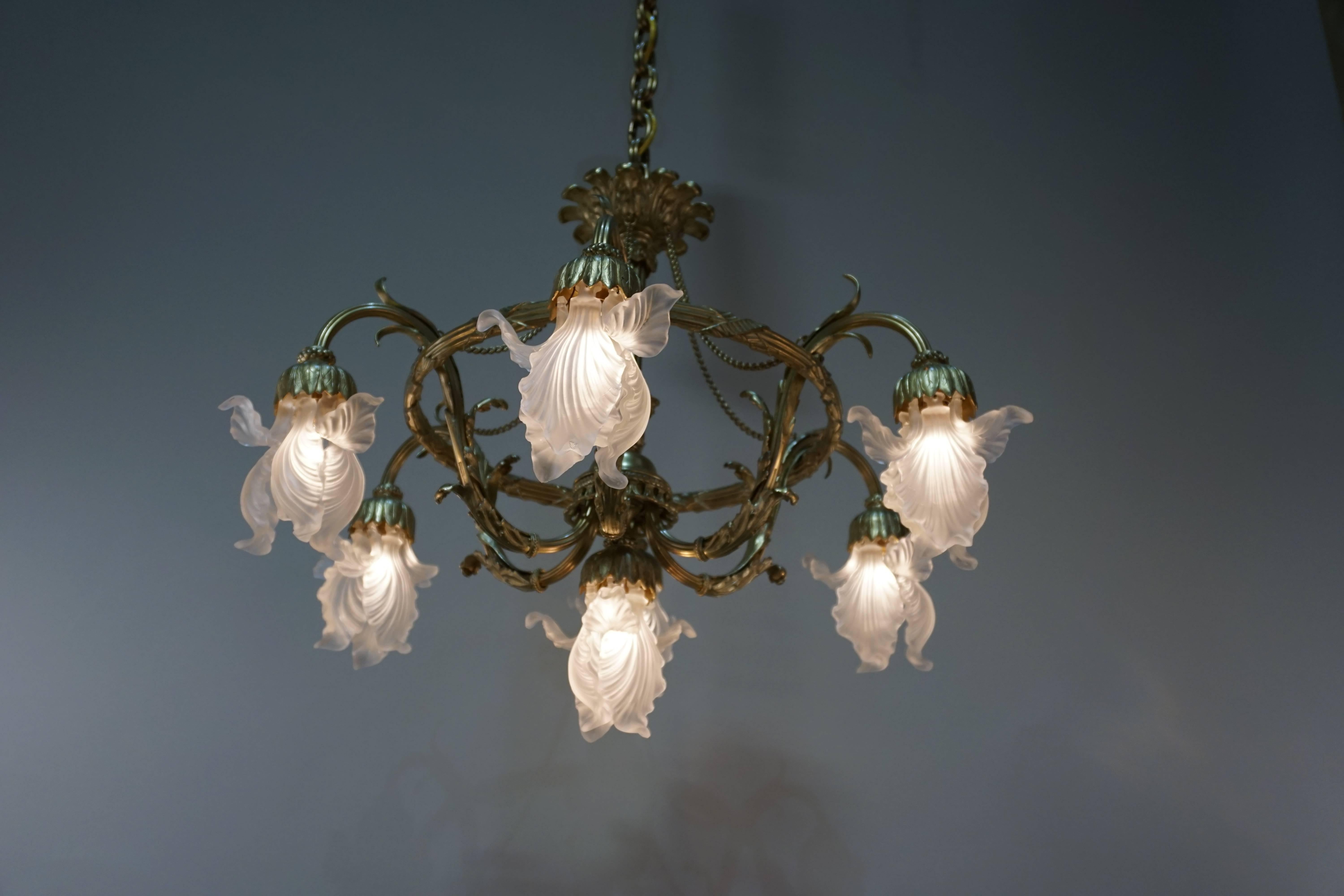 French Art Nouveau Bronze and Glass Chandelier In Good Condition In Fairfax, VA
