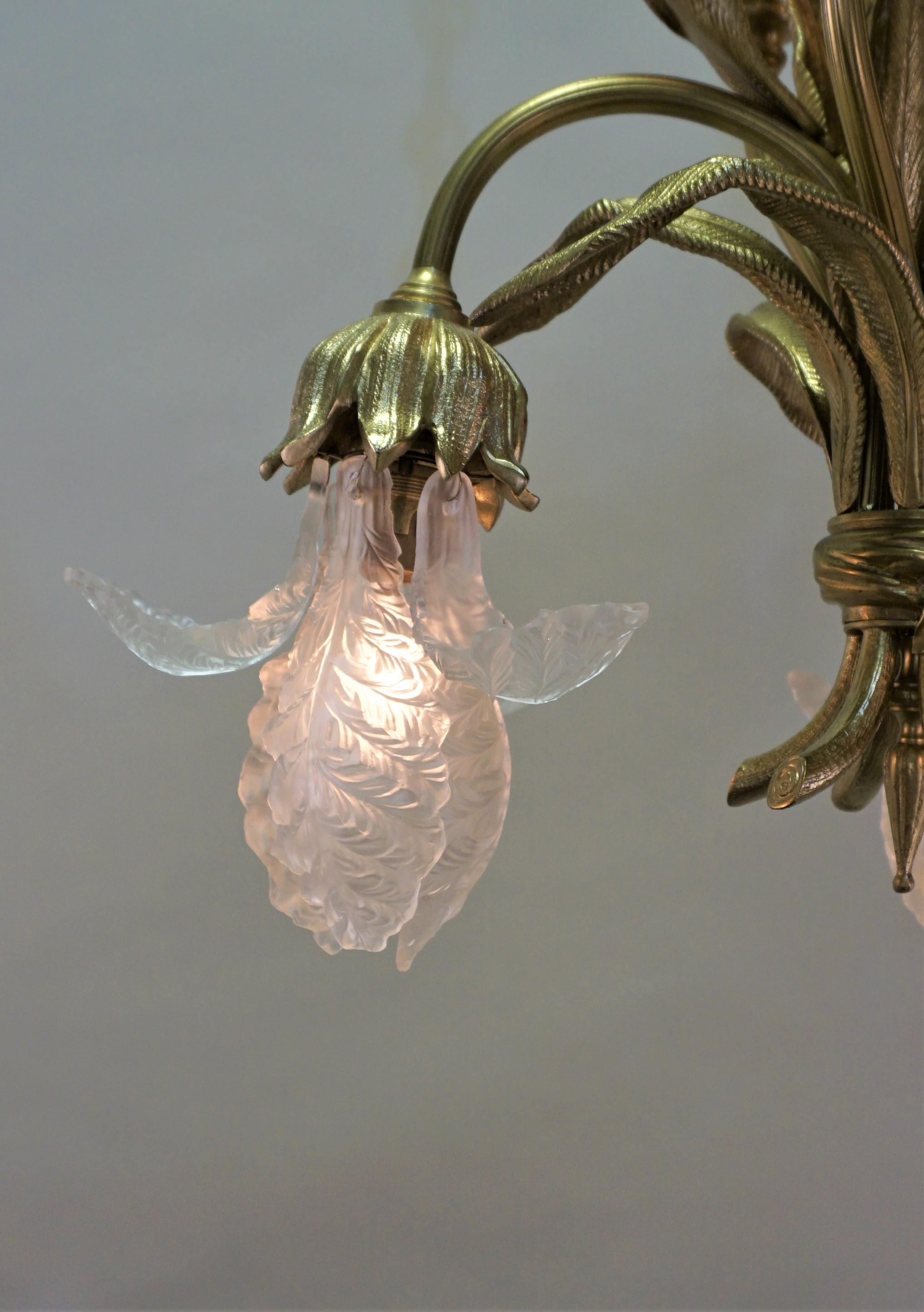 Early 20th Century French Art Nouveau Bronze and Glass Chandelier