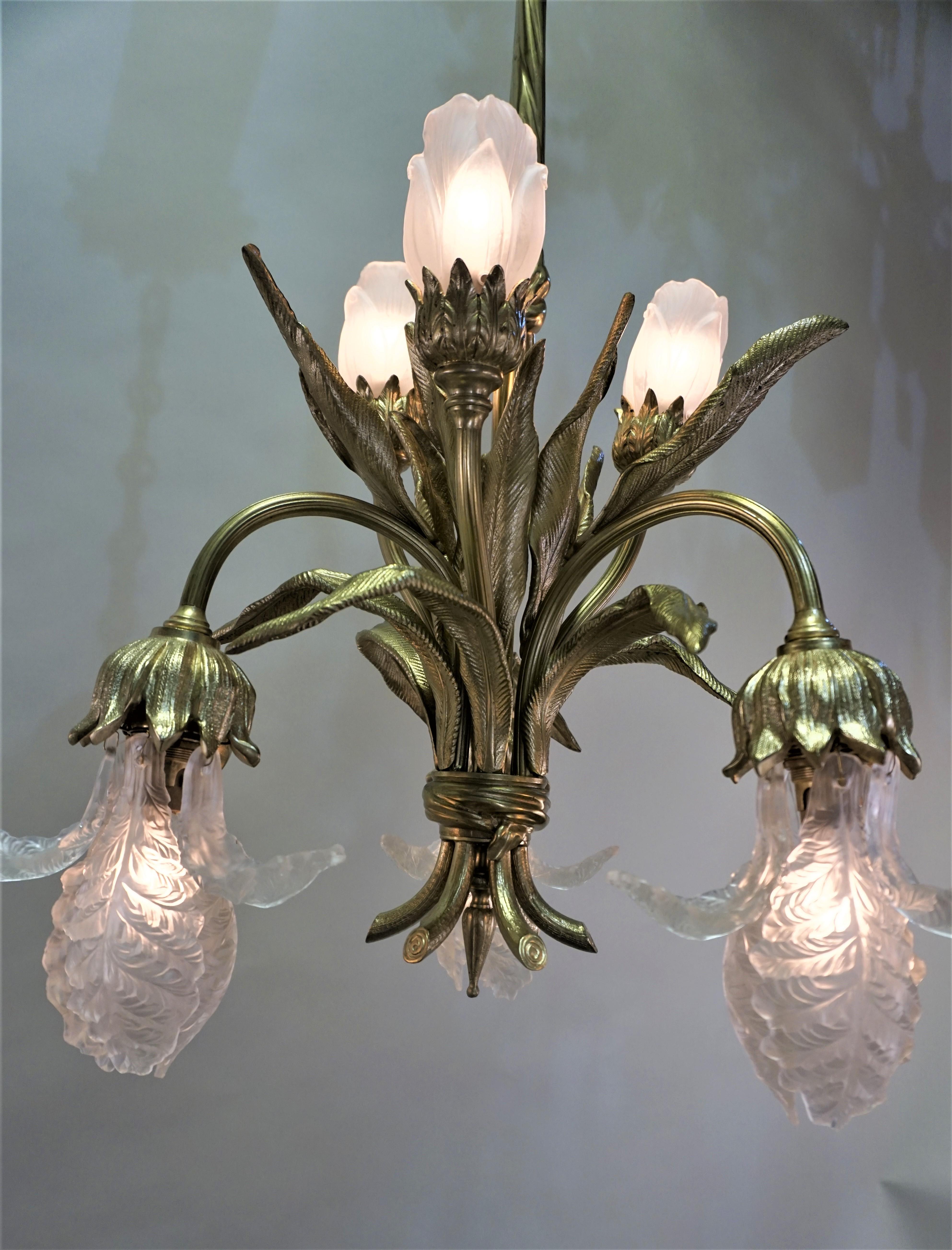 French Art Nouveau Bronze and Glass Chandelier 1
