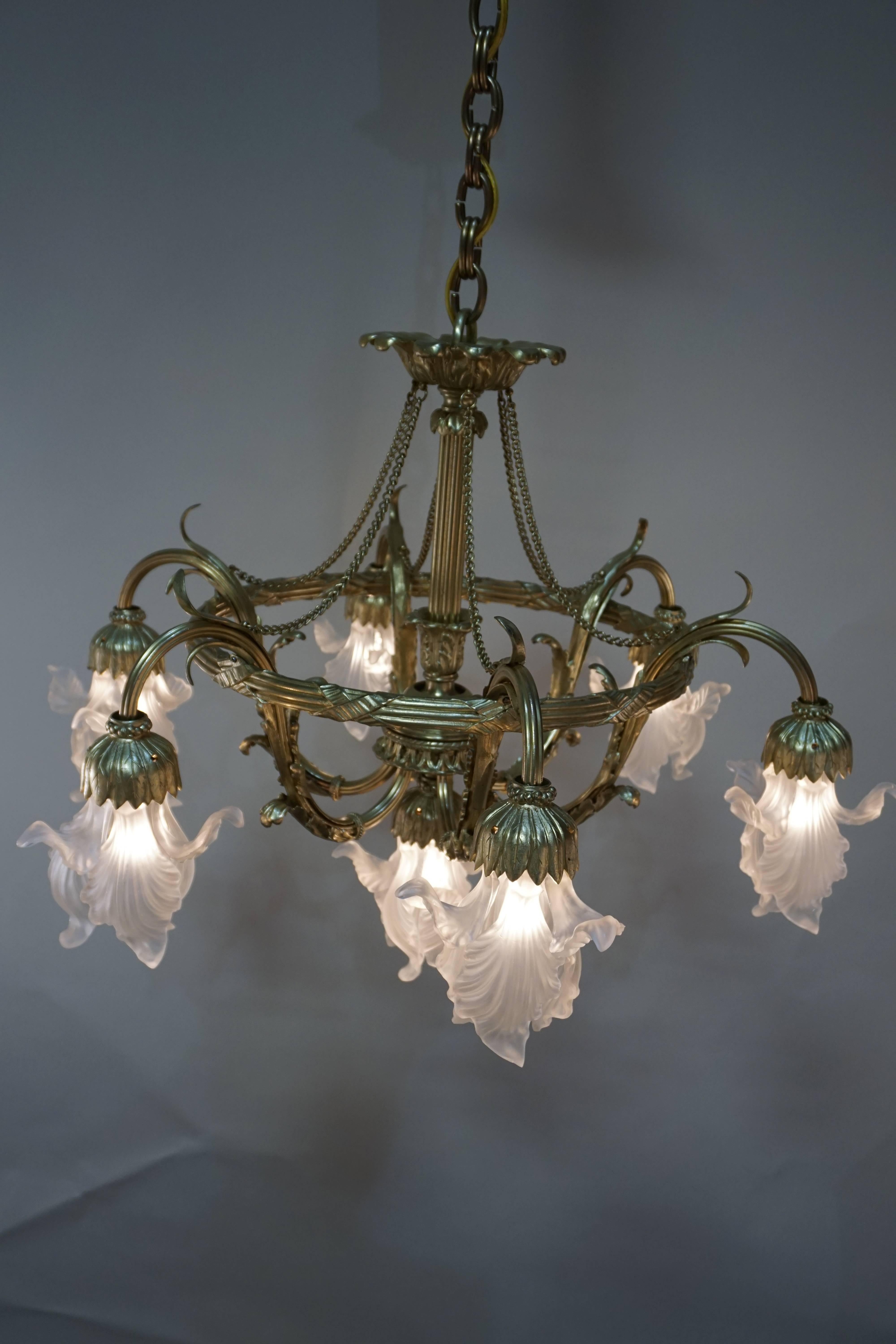 French Art Nouveau Bronze and Glass Chandelier 3