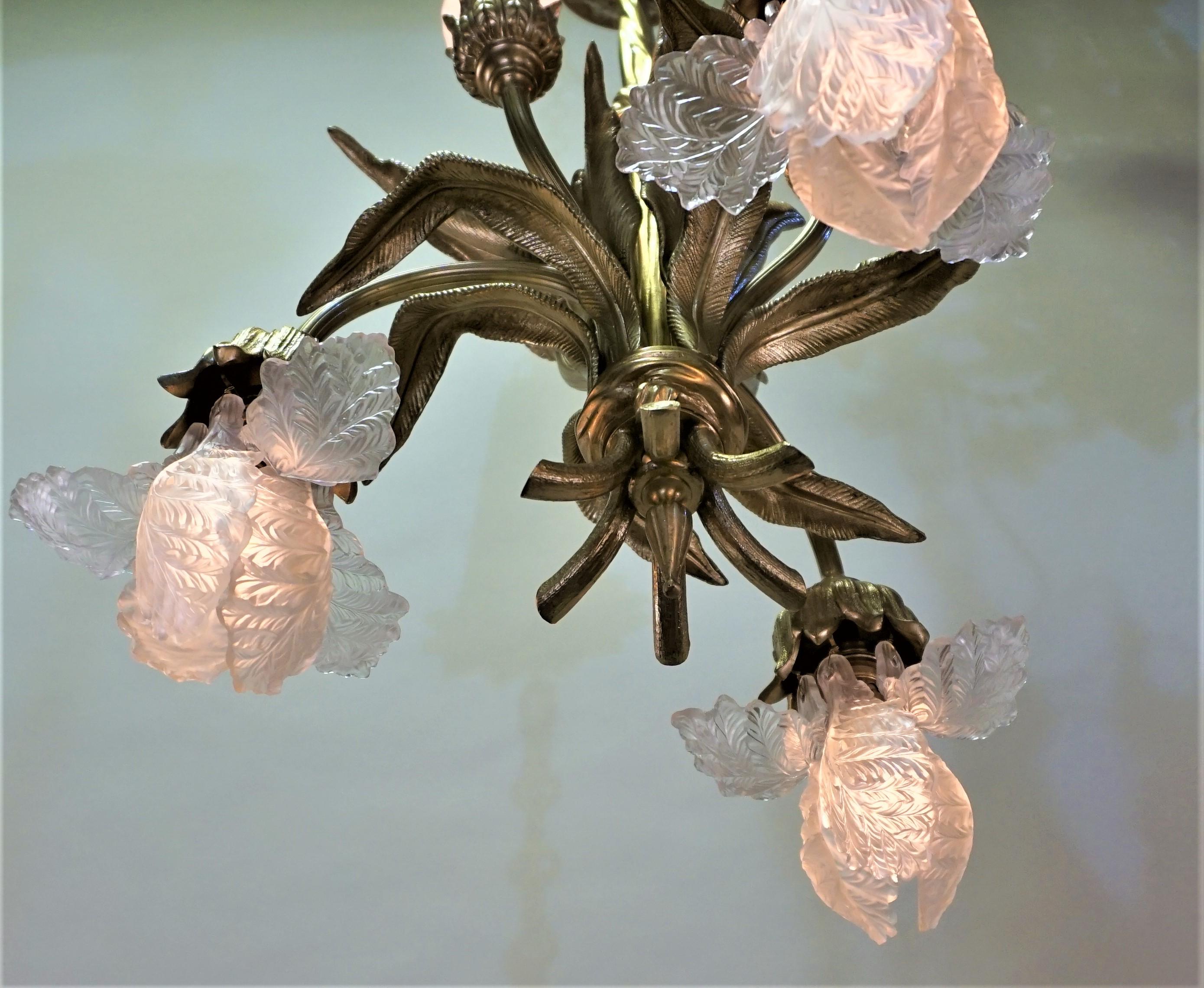 French Art Nouveau Bronze and Glass Chandelier 3