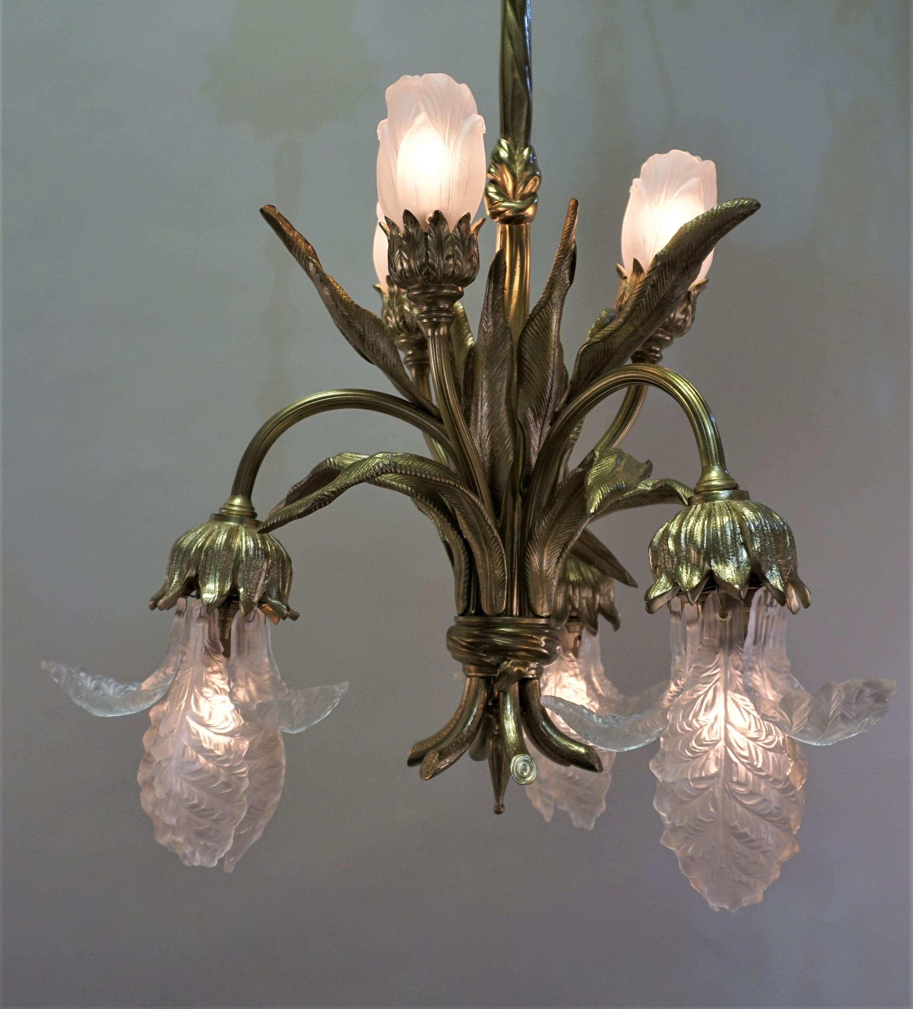 French Art Nouveau Bronze and Glass Chandelier 4