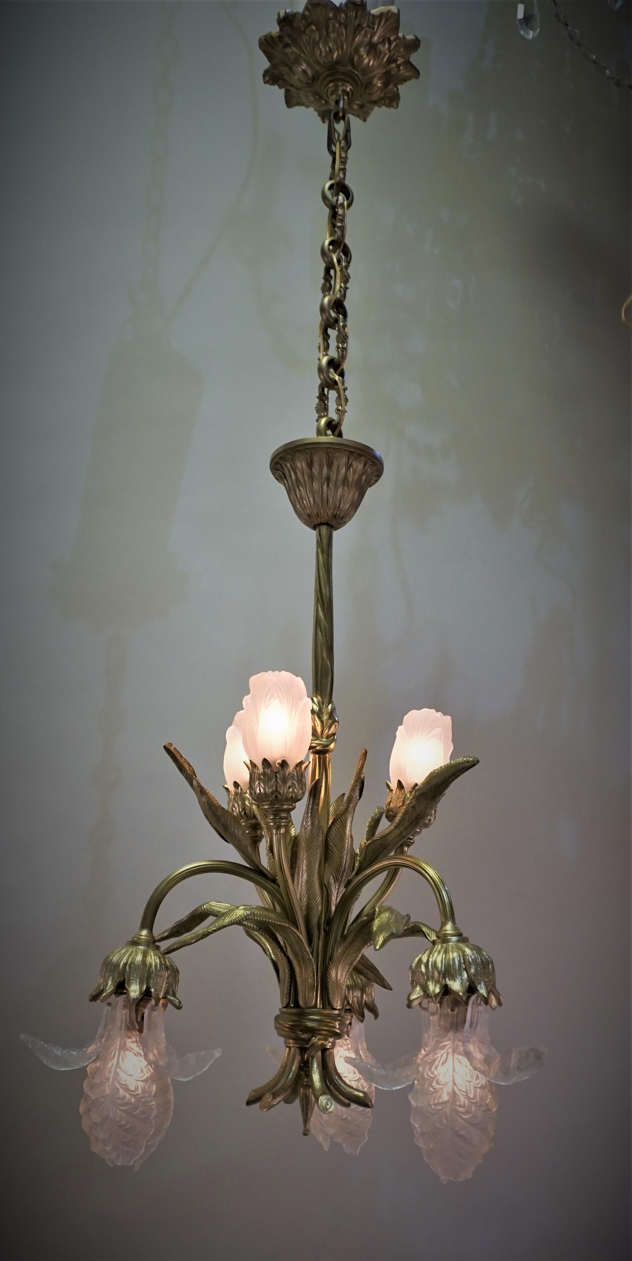 French Art Nouveau Bronze and Glass Chandelier 5