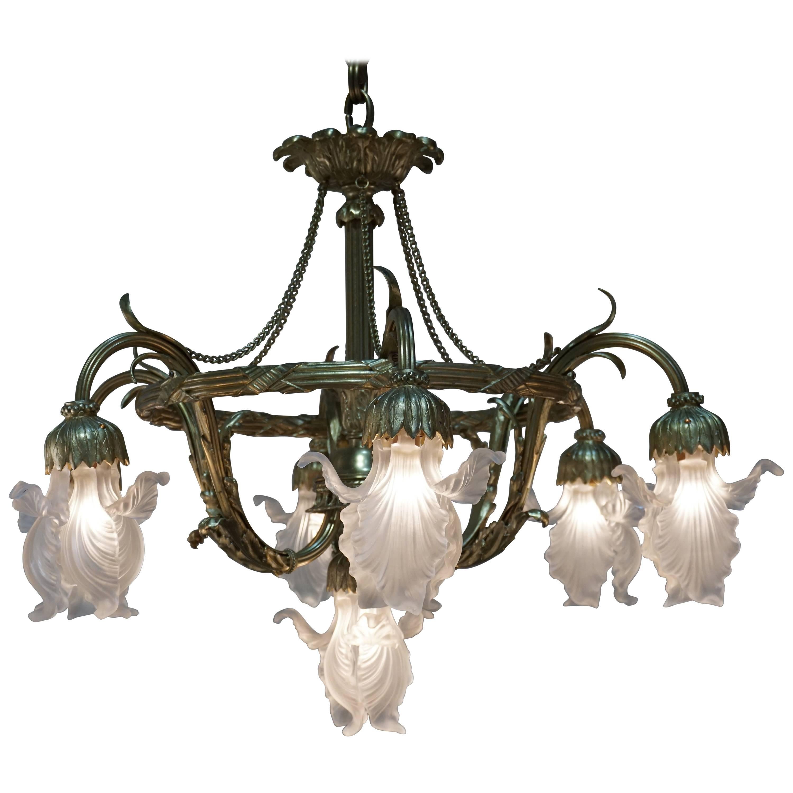 French Art Nouveau Bronze and Glass Chandelier
