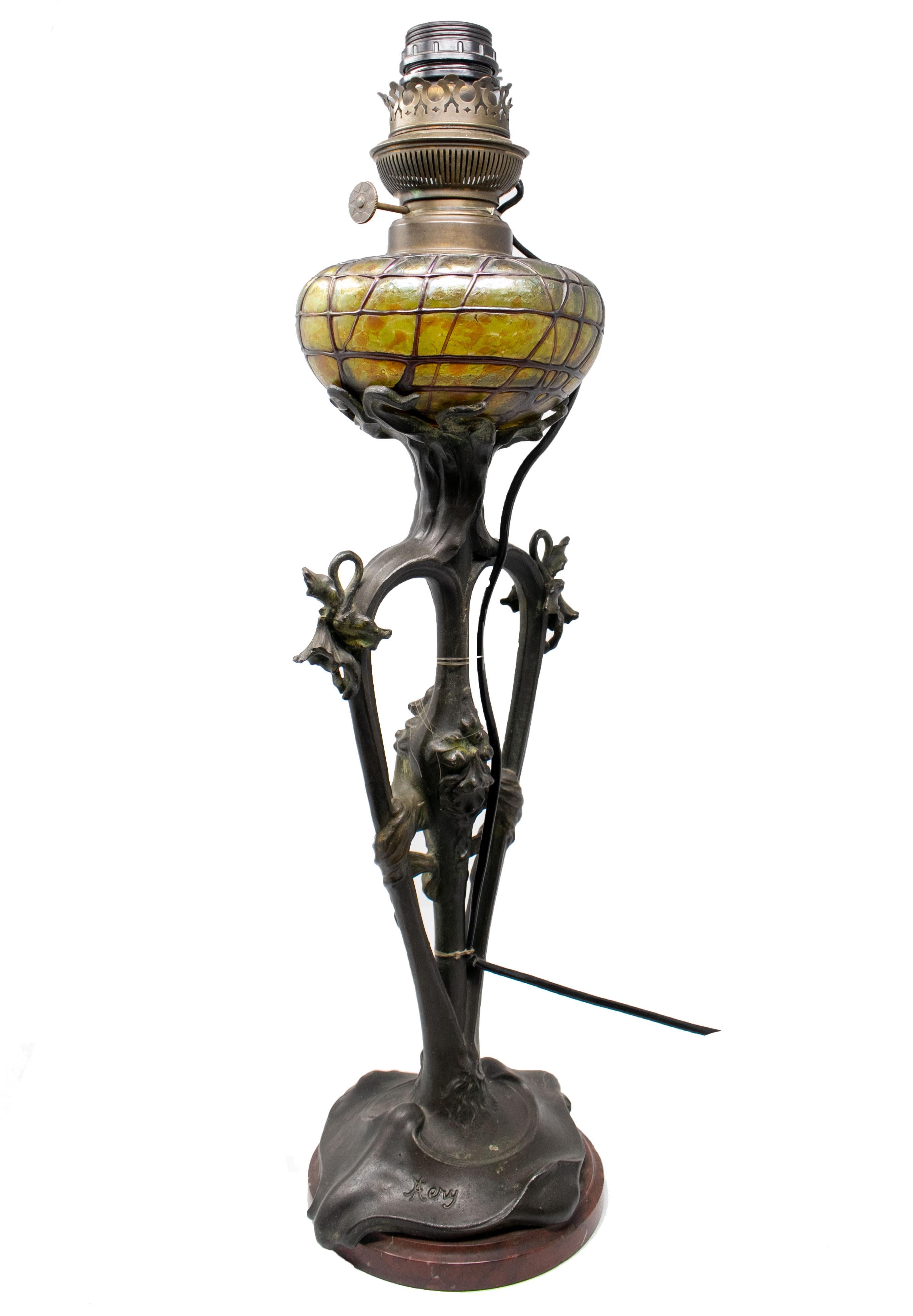 19th Century French Art Nouveau Bronze and Glass Signed Lamp