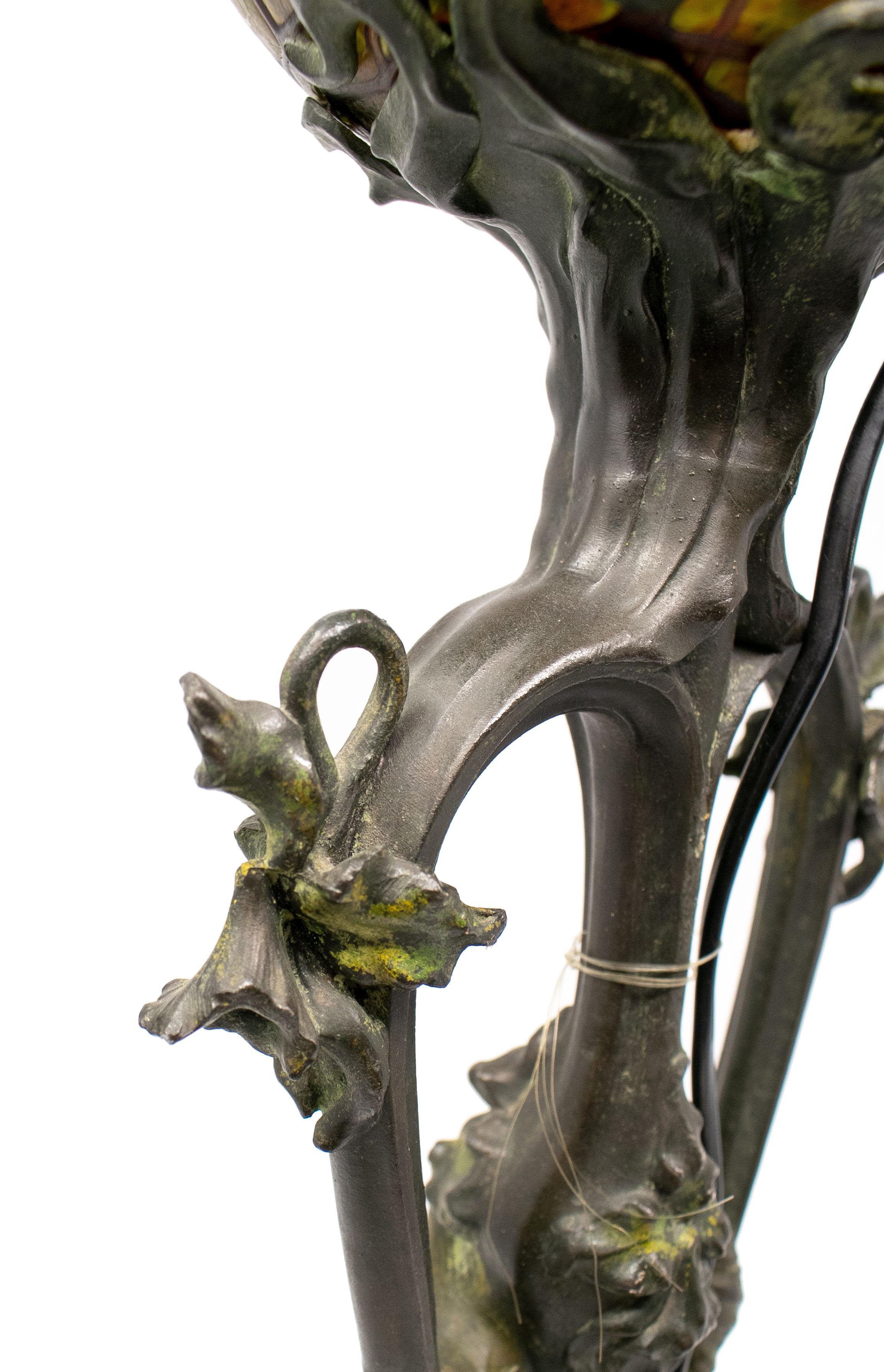 French Art Nouveau Bronze and Glass Signed Lamp 2