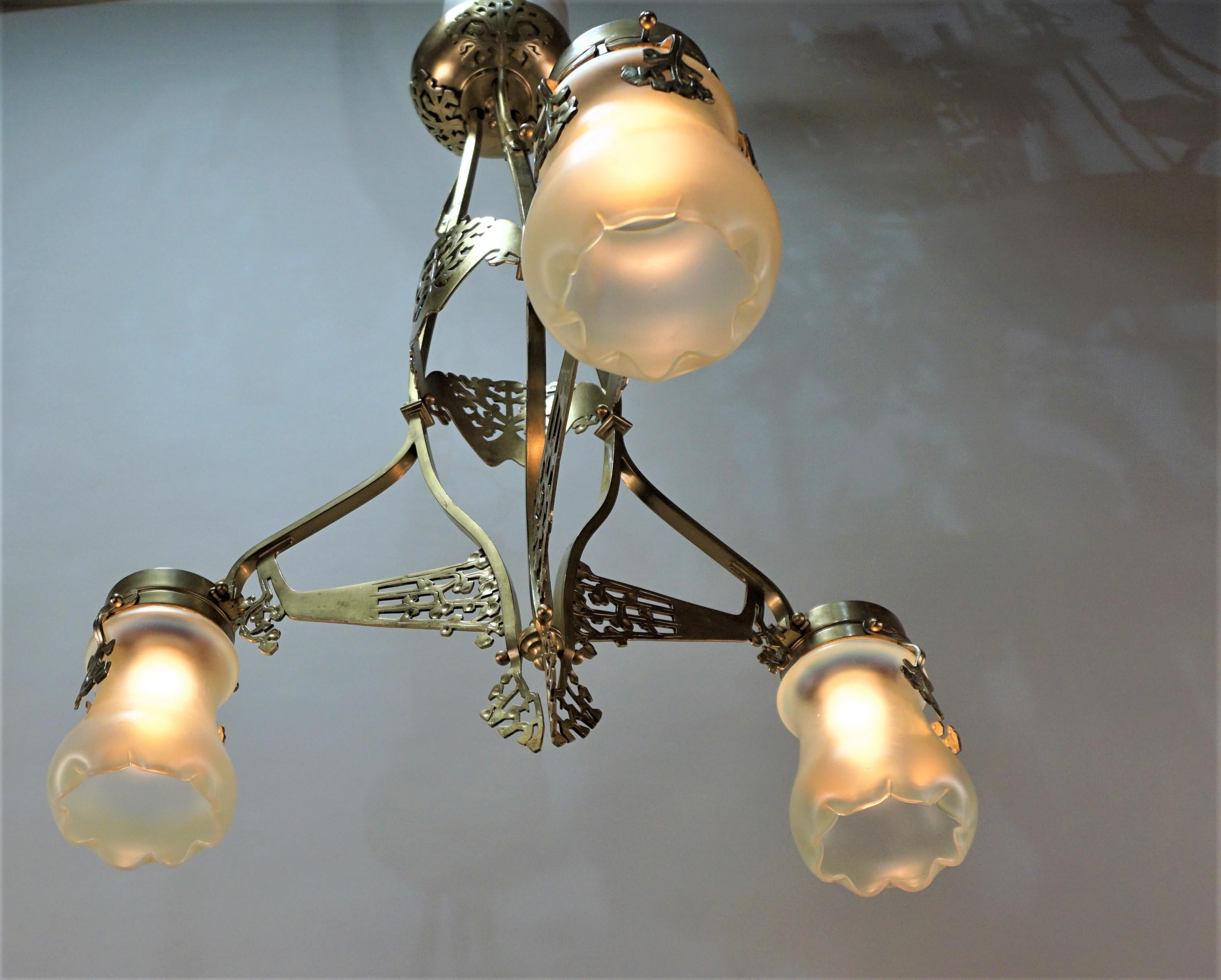 French Art Nouveau Bronze and Opaline Glass Chandelier 1