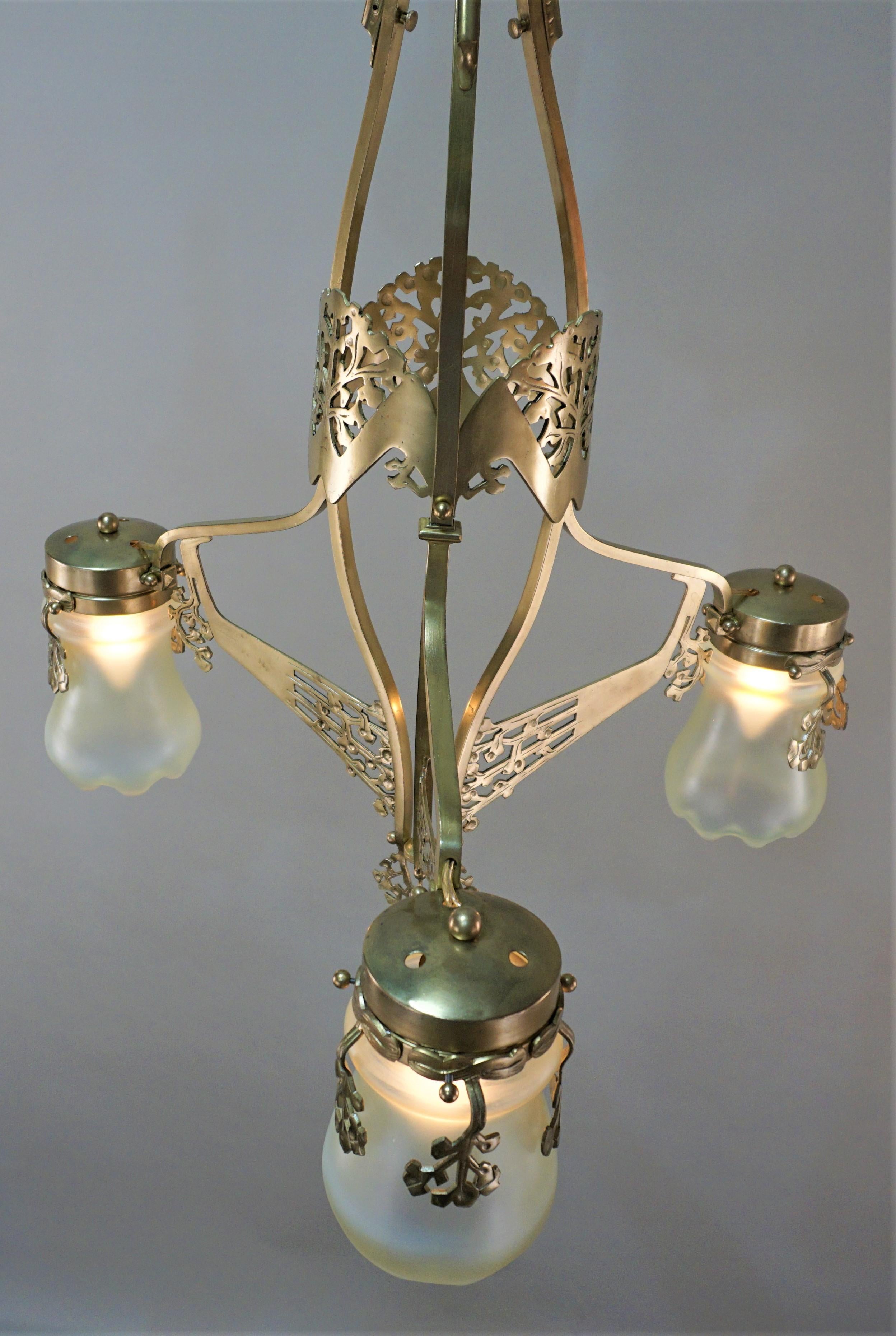 French Art Nouveau Bronze and Opaline Glass Chandelier 4