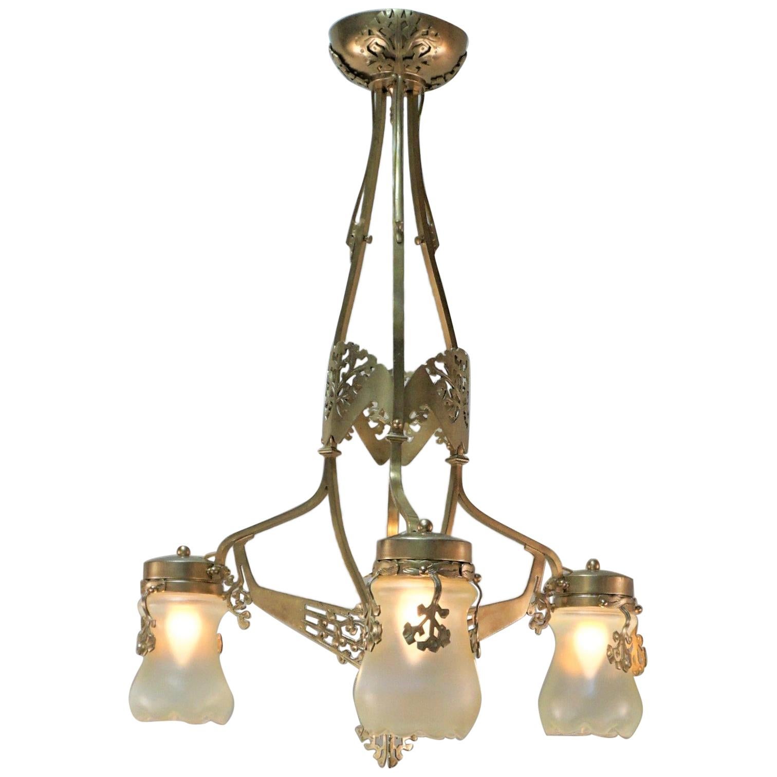 French Art Nouveau Bronze and Opaline Glass Chandelier