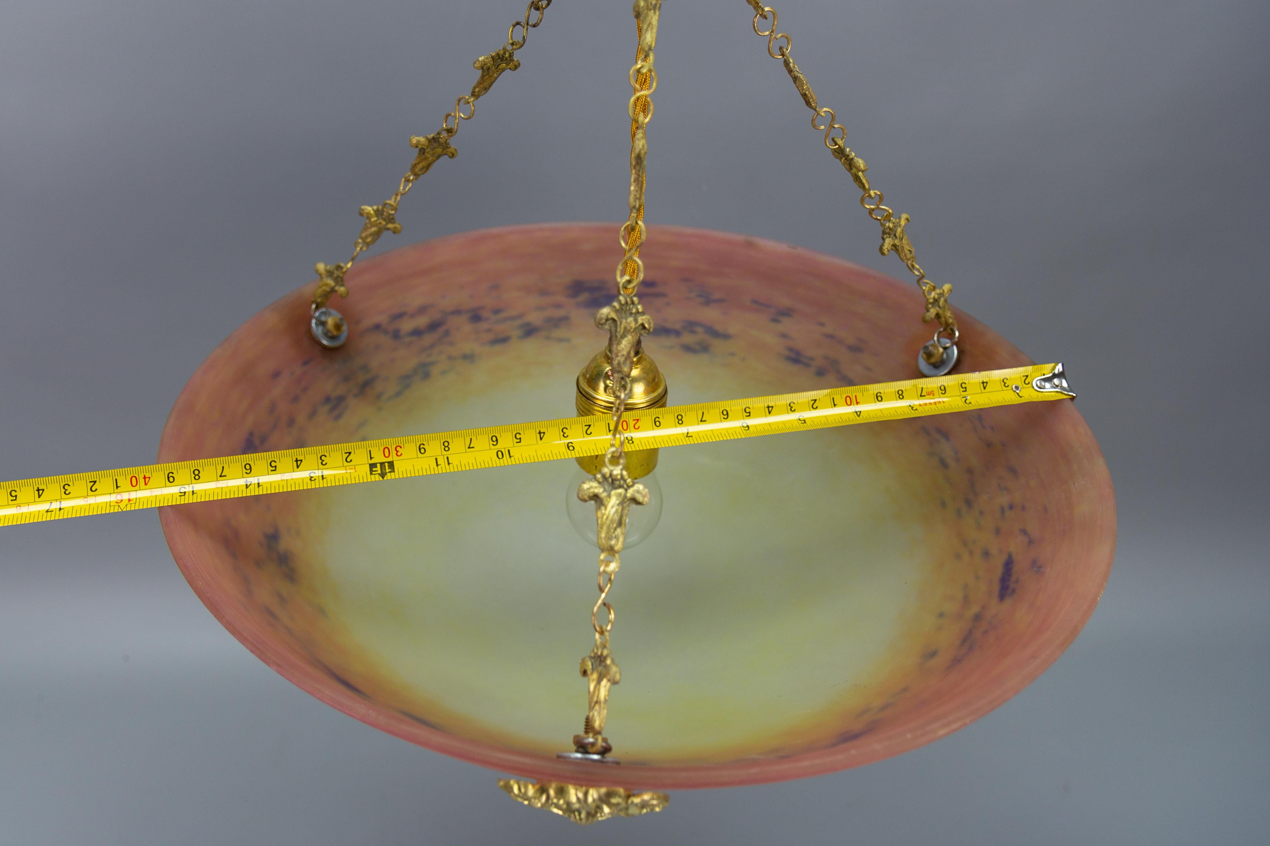 French Art Nouveau Bronze and Polychrome Glass Pendant Light Signed Degué, 1920s For Sale 9