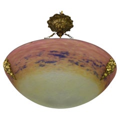 Used French Art Nouveau Bronze and Polychrome Glass Pendant Light Signed Degué, 1920s