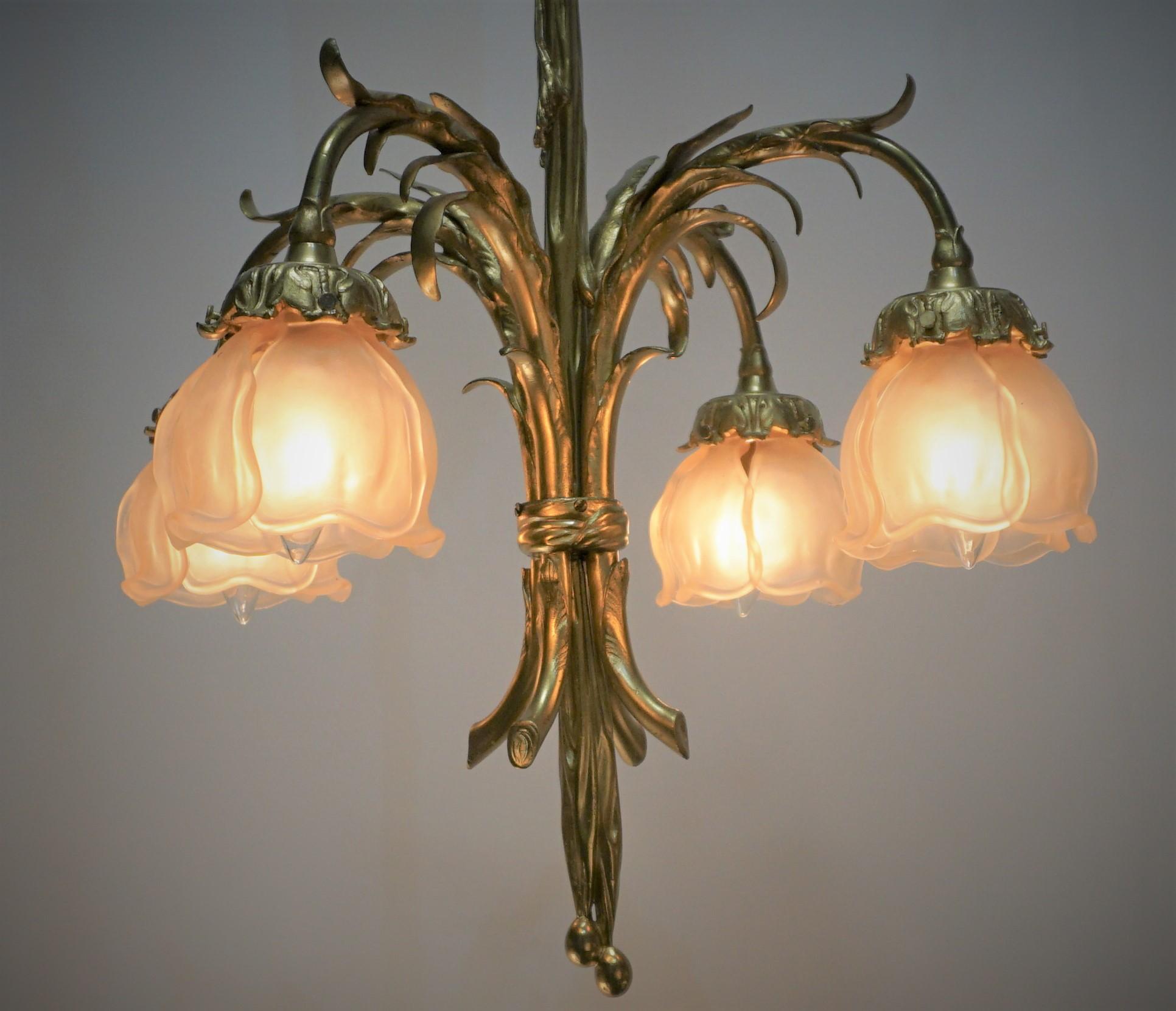French Art Nouveau Bronze Chandelier In Good Condition For Sale In Fairfax, VA
