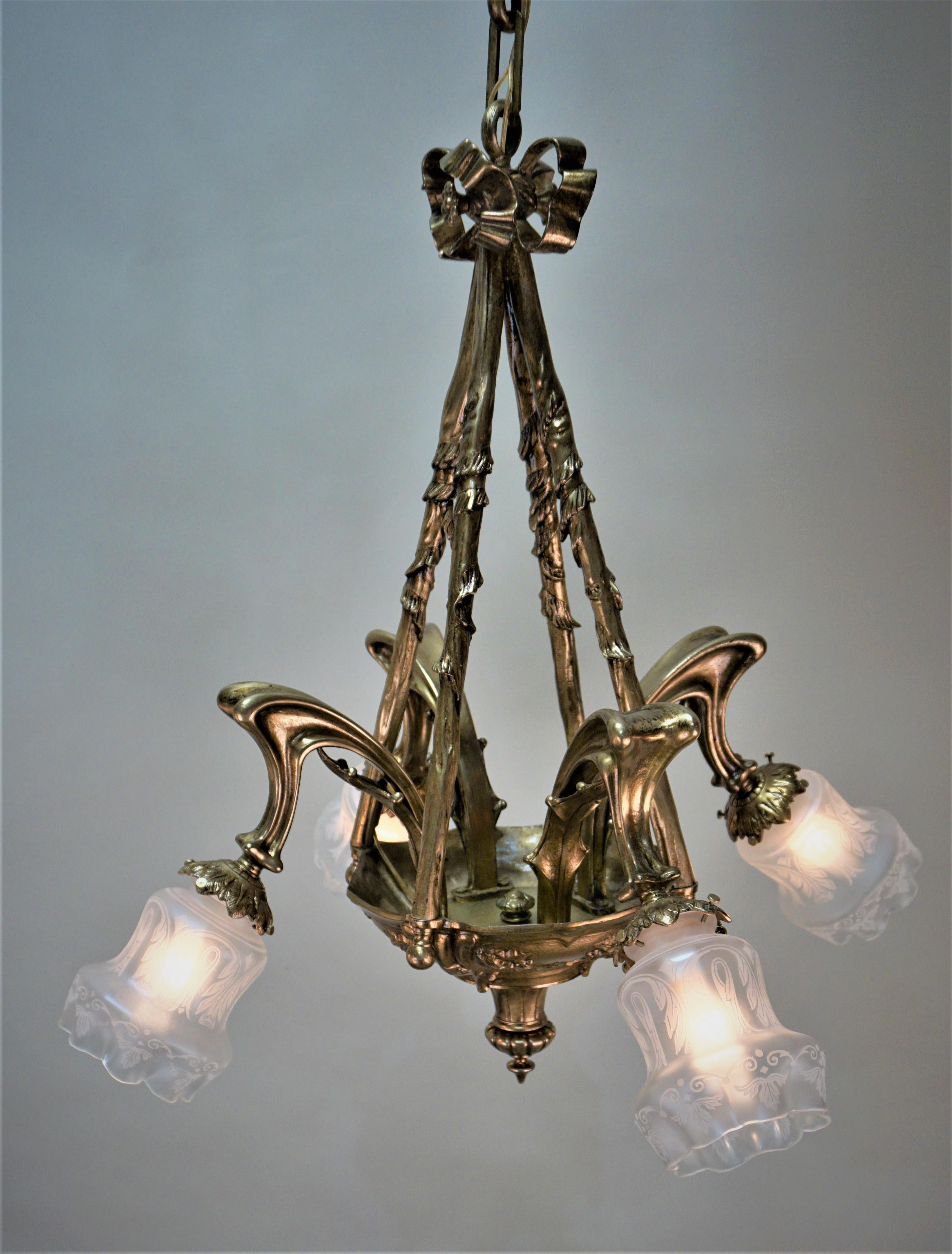 French Art Nouveau Bronze Chandelier 5